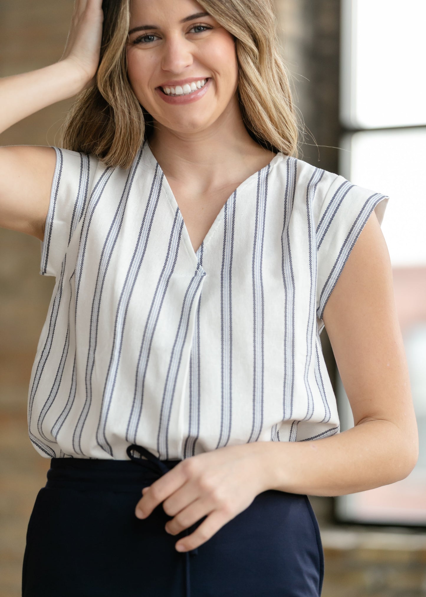 Madison Striped V-neck Short Sleeve Flowy Top - FINAL SALE
