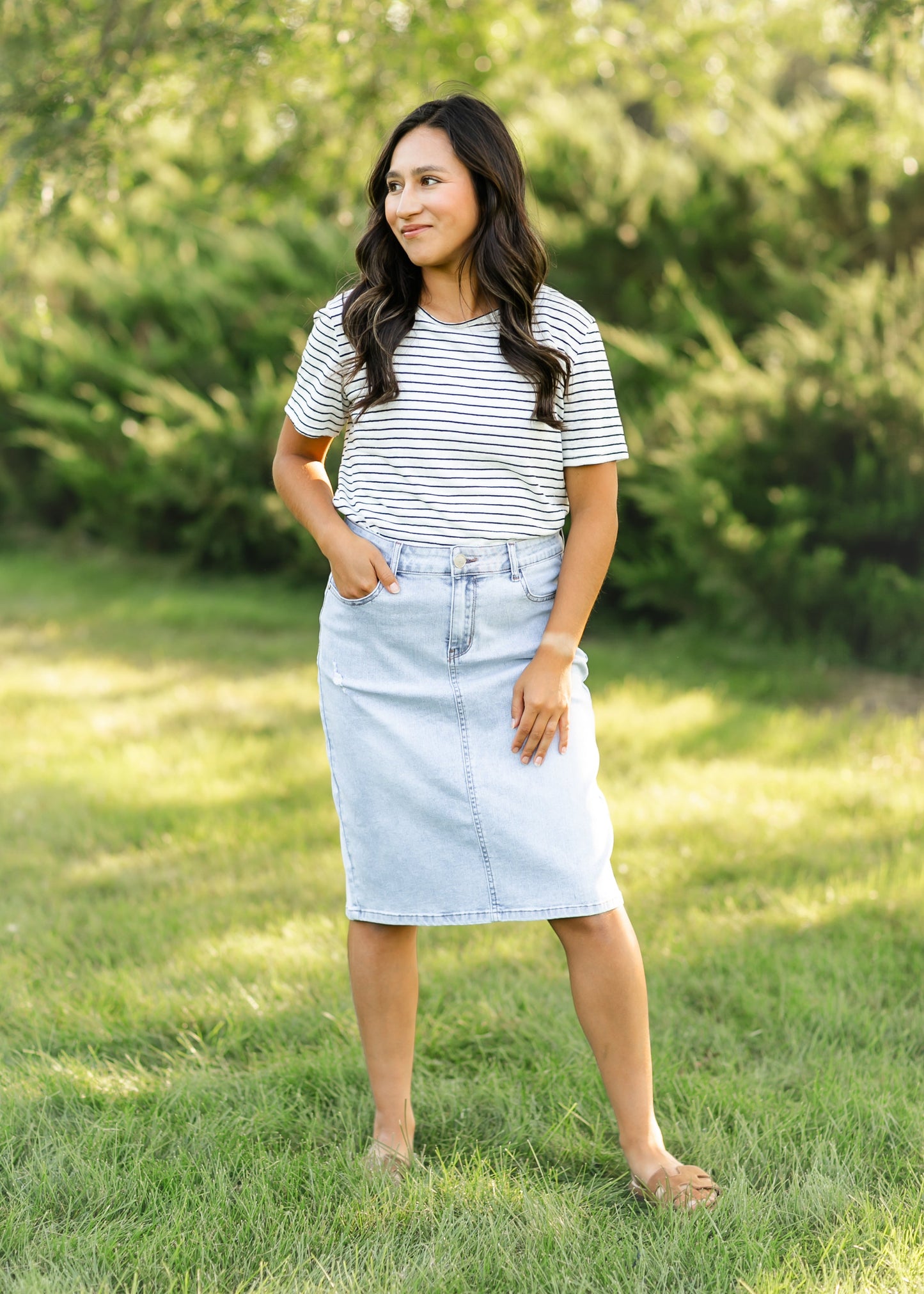 Maelia Distressed Denim Midi Skirt - FINAL SALE