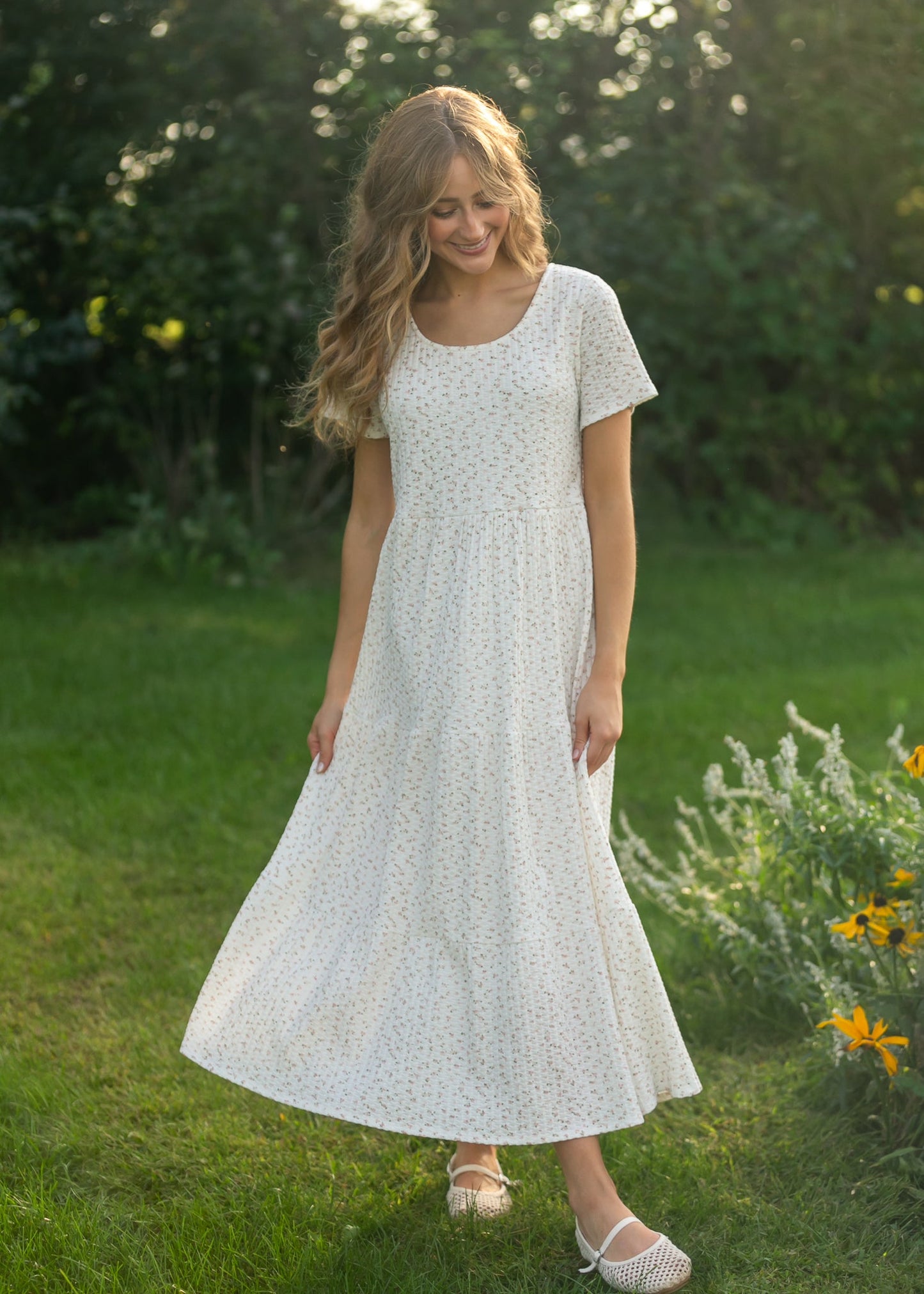 Melanie White Floral Tiered Midi Dress