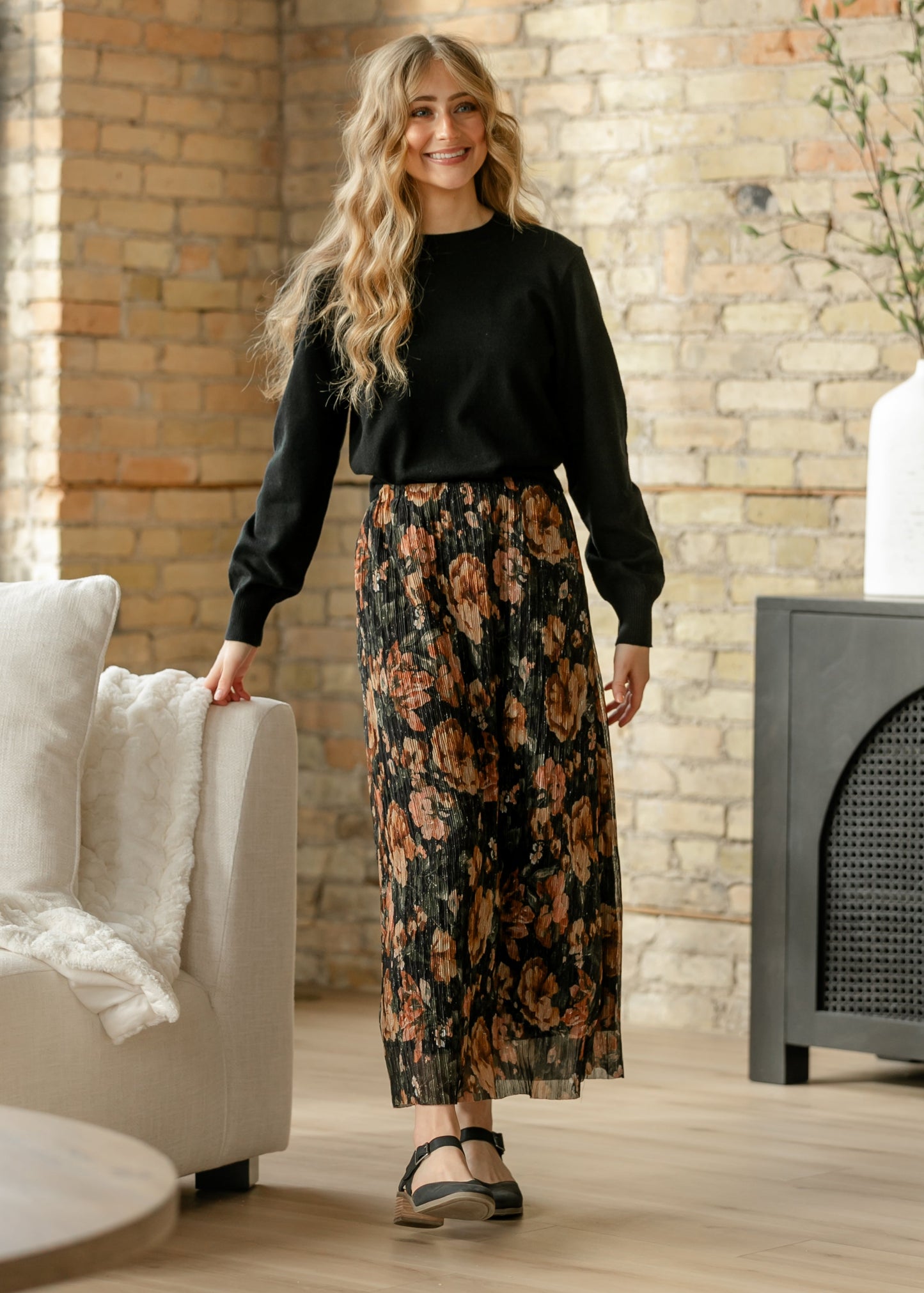 Metallic Floral Print Maxi Skirt