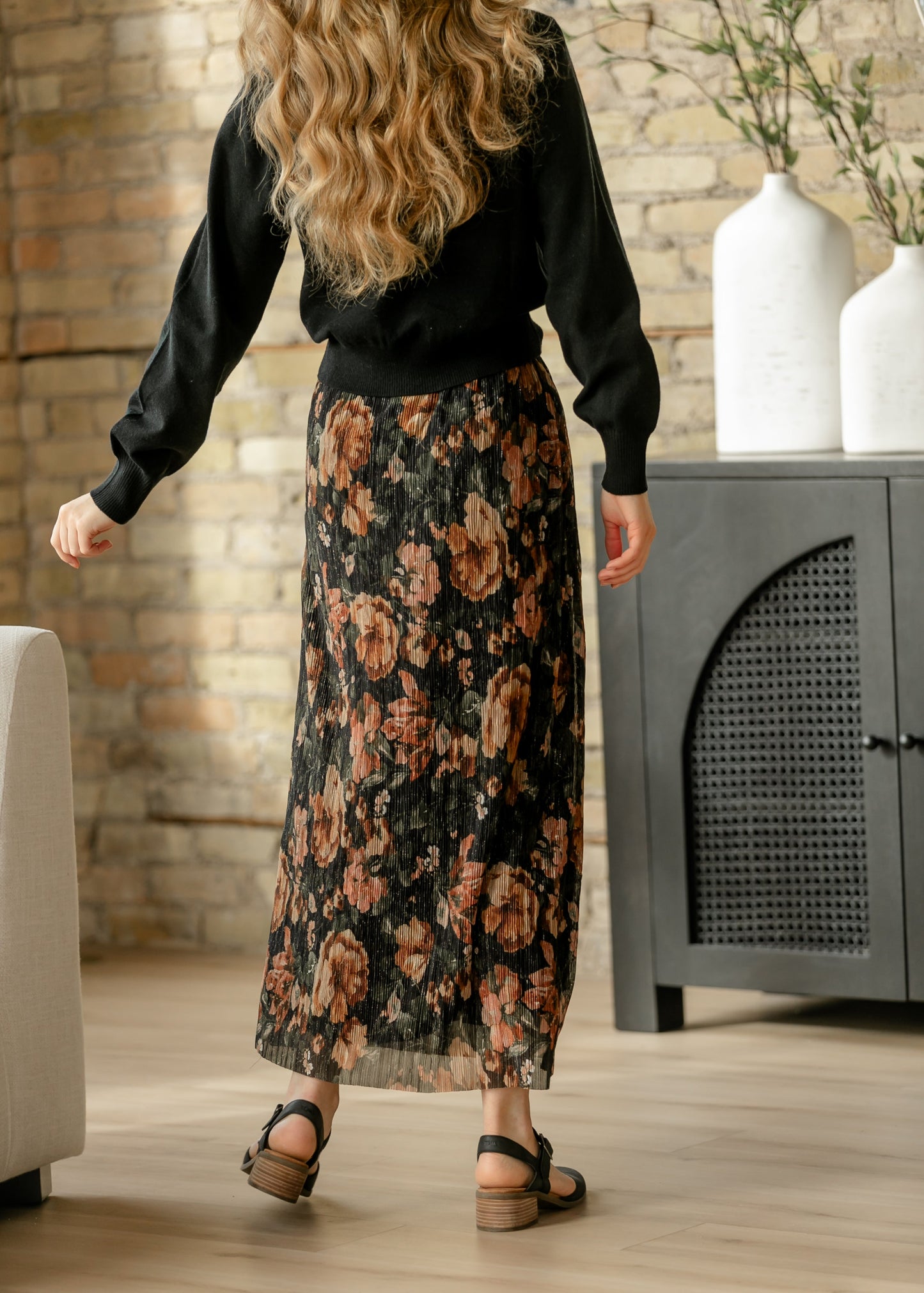 Metallic Floral Print Maxi Skirt