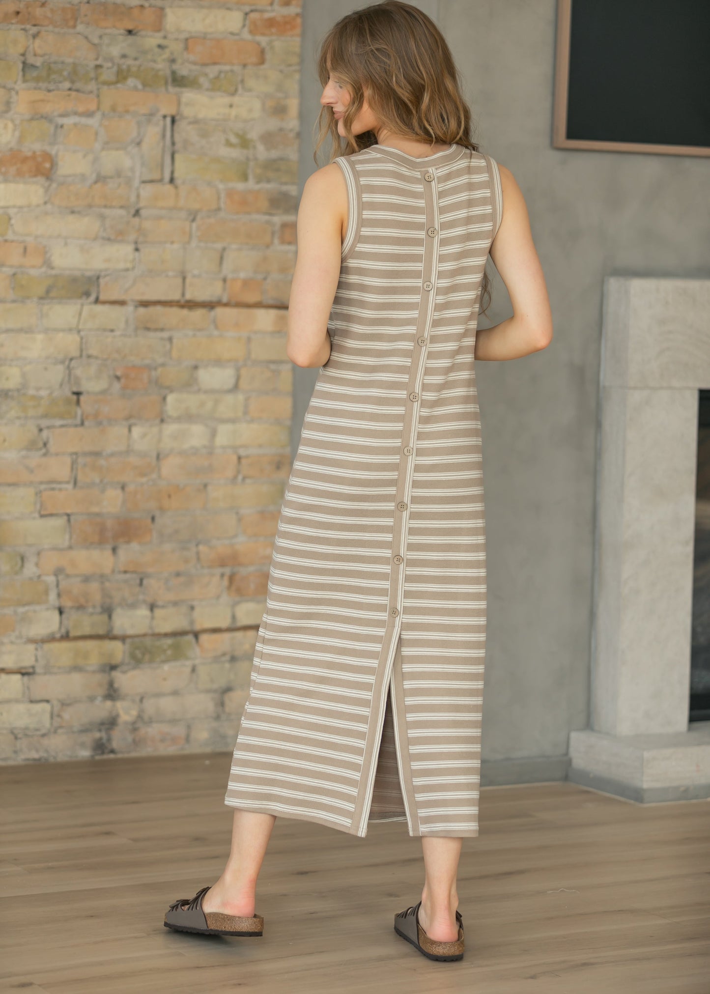 Mocha Stripe Back Button Knit Maxi Dress