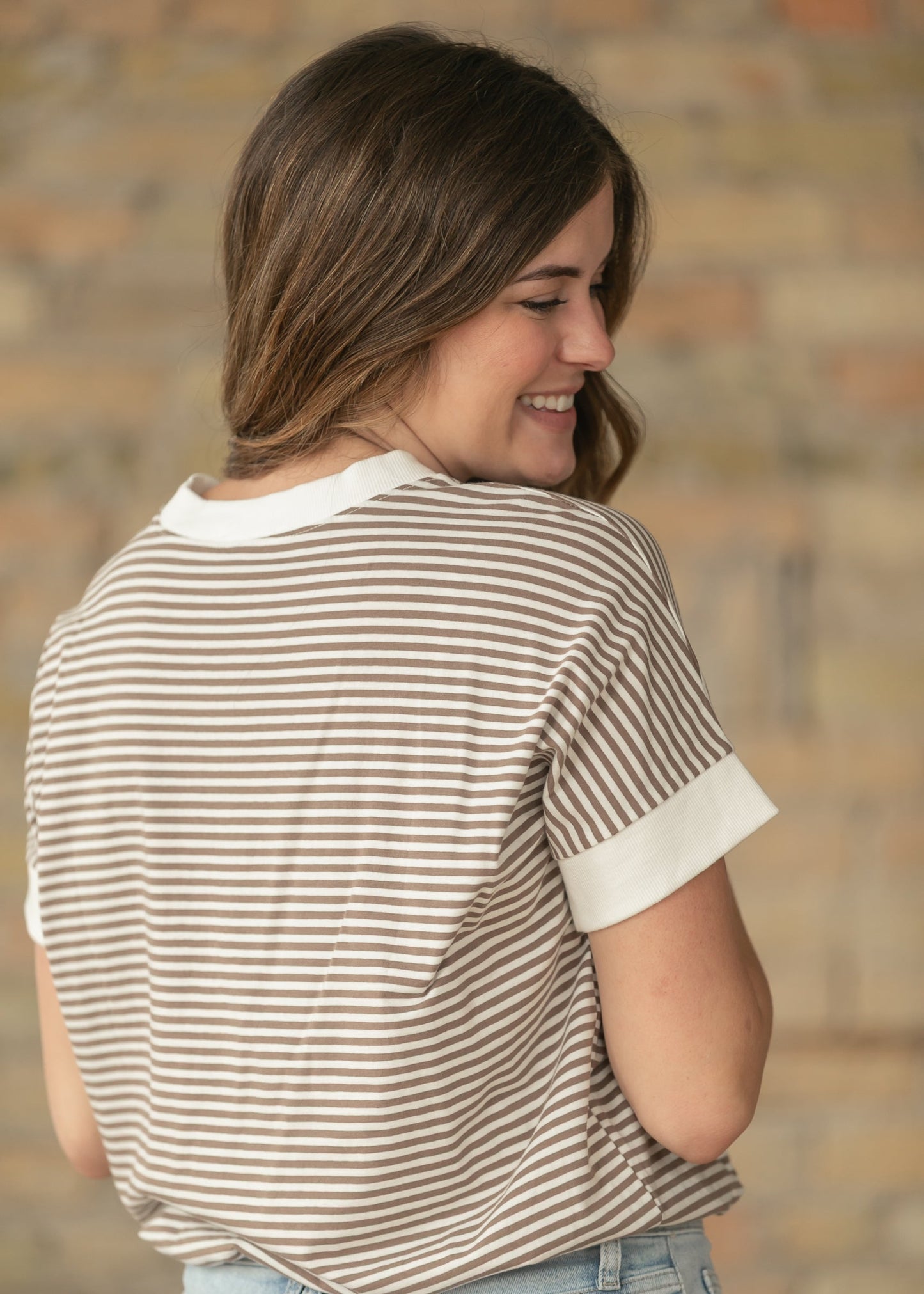 Mocha Stripe Contrast Trim Top
