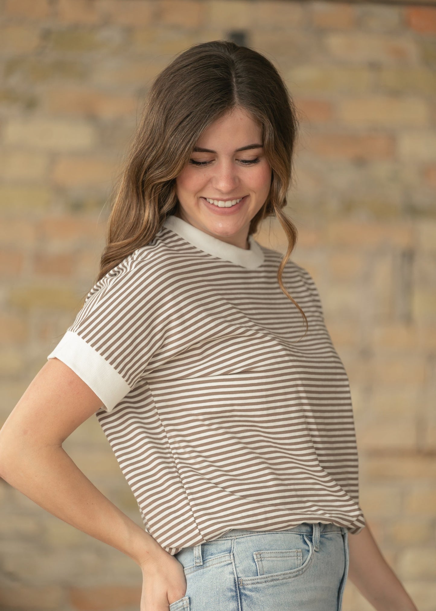Mocha Stripe Contrast Trim Top