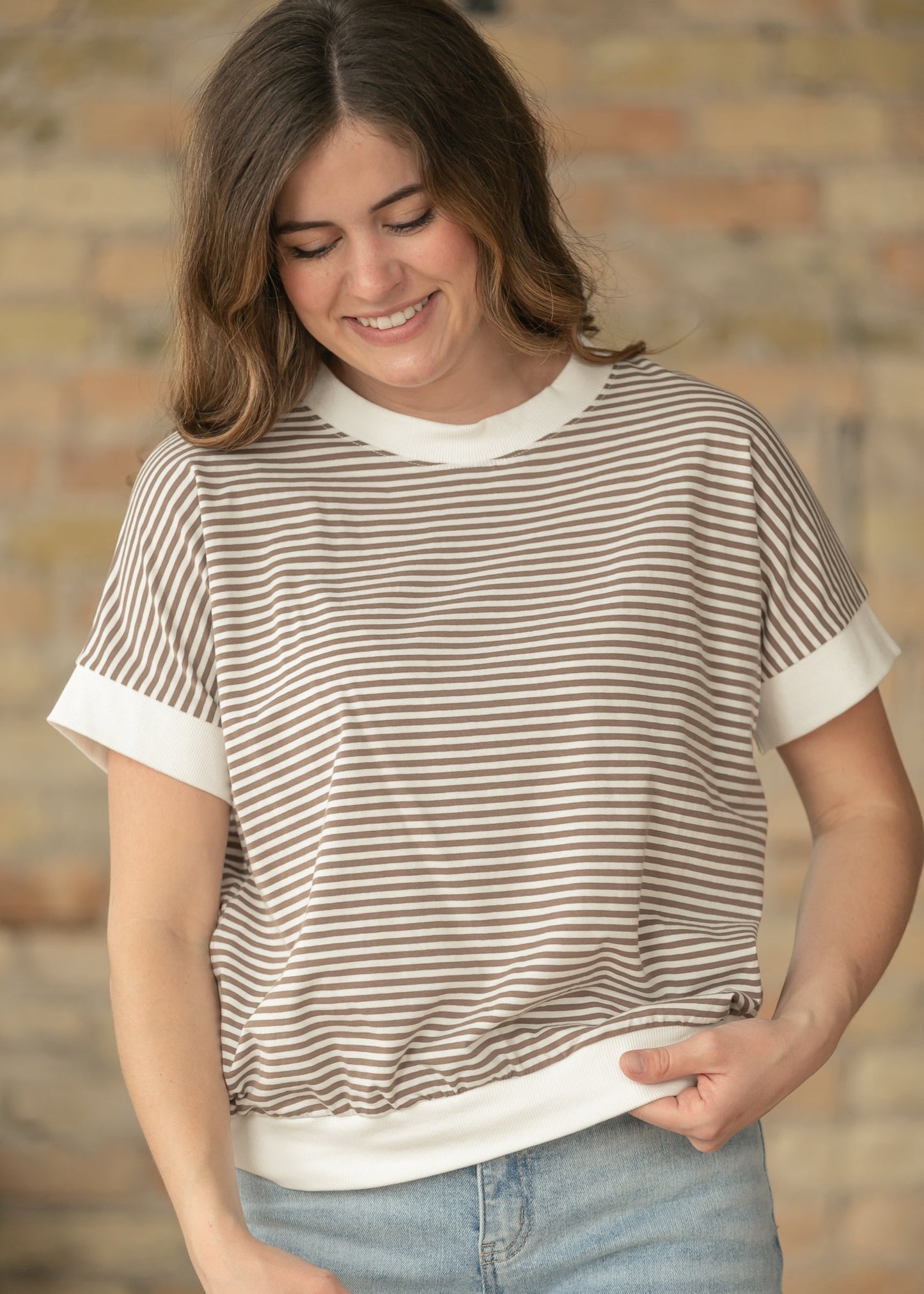 Mocha Stripe Contrast Trim Top