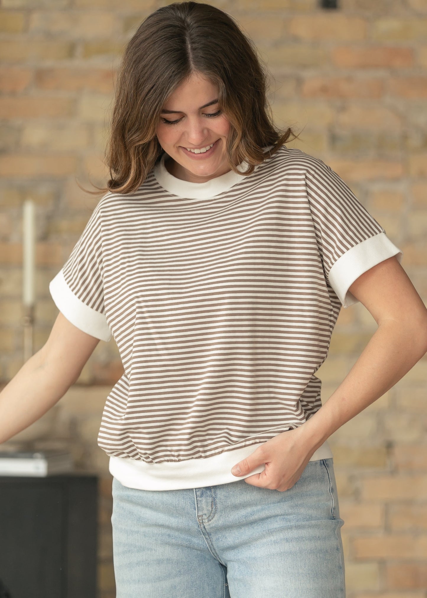 Mocha Stripe Contrast Trim Top