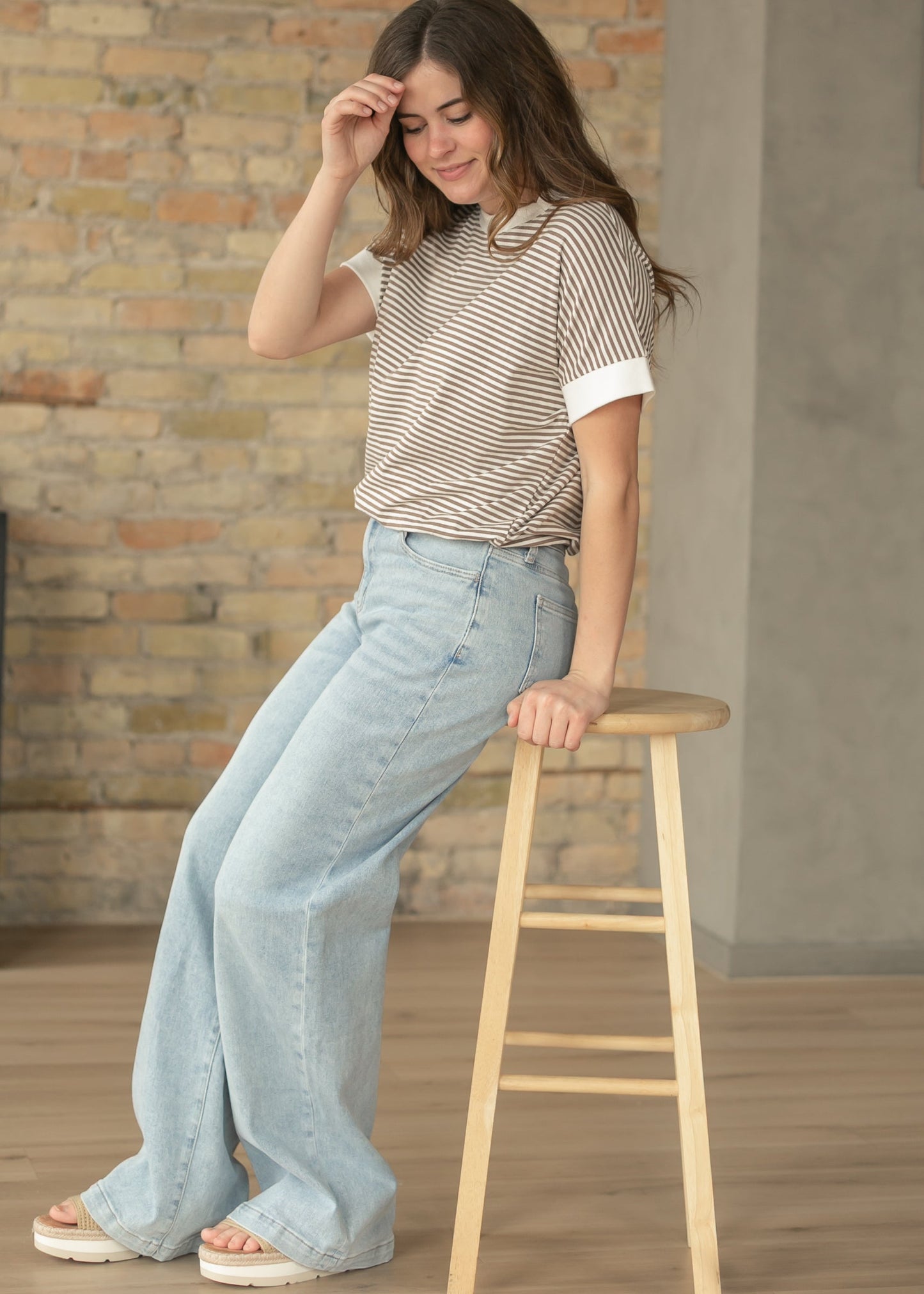 Mocha Stripe Contrast Trim Top