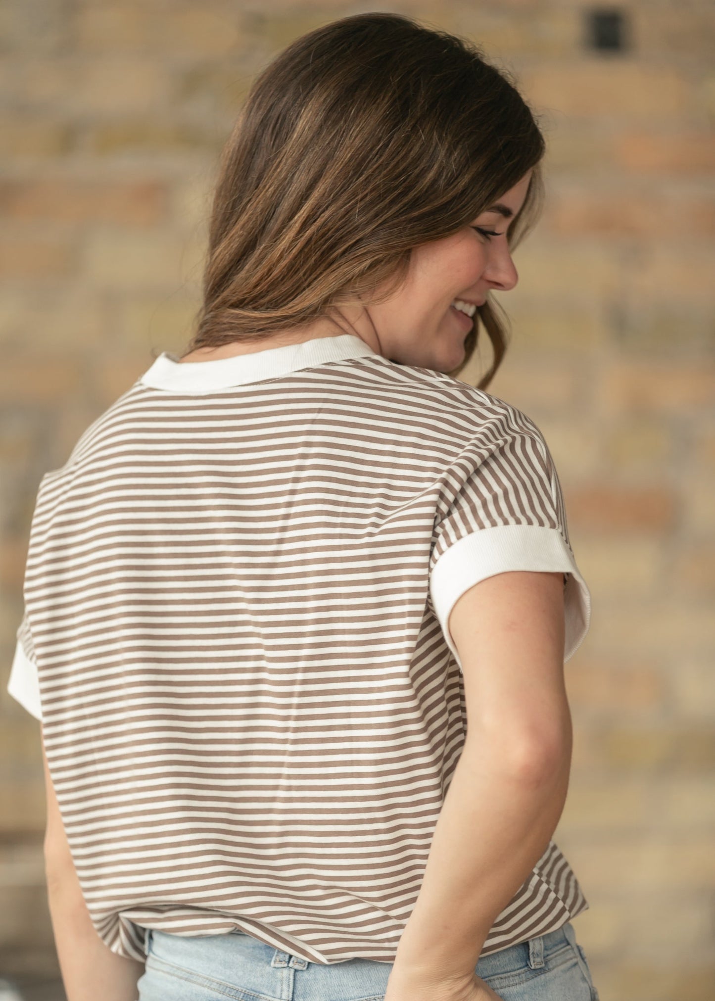 Mocha Stripe Contrast Trim Top