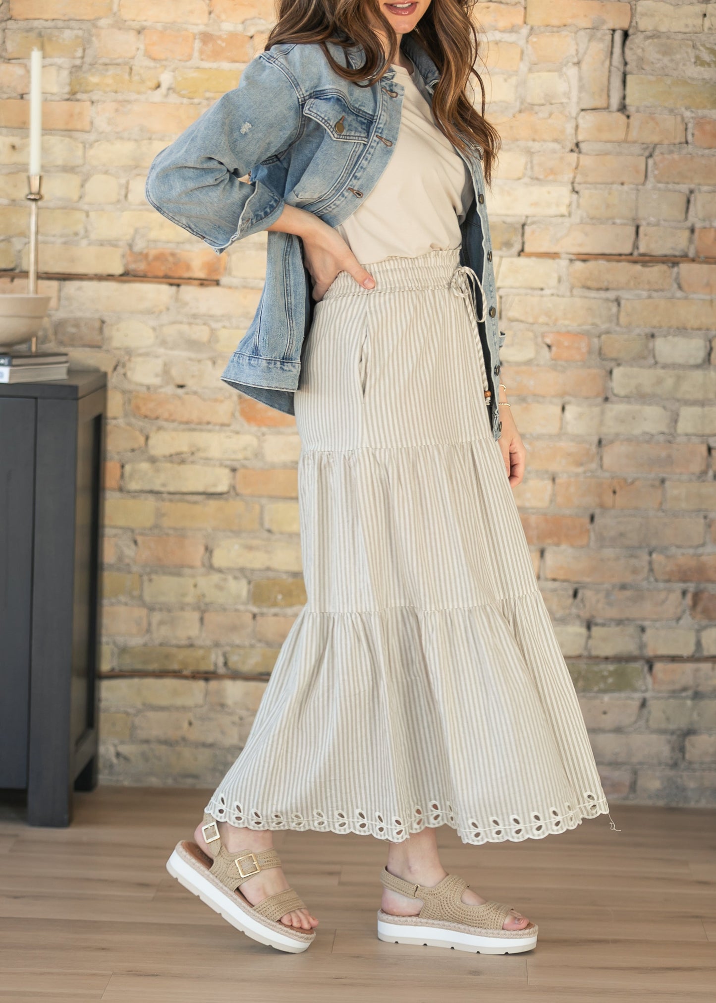 Natural Embroidered Detail Midi Skirt