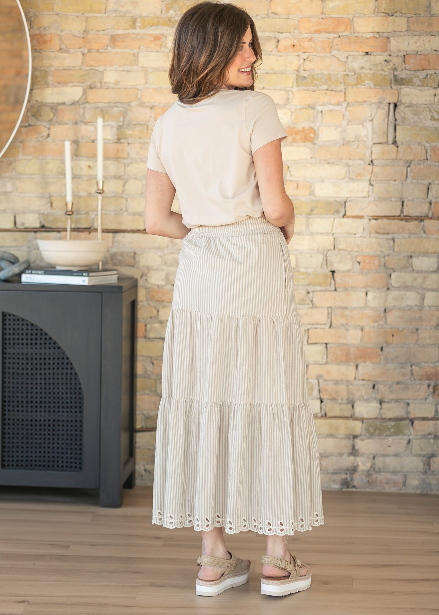 Natural Embroidered Detail Midi Skirt