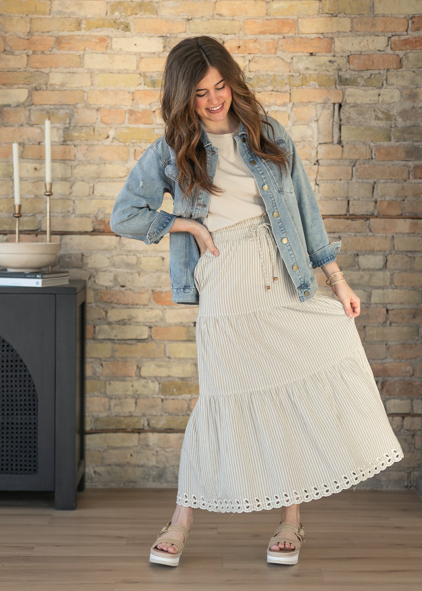 Natural Embroidered Detail Midi Skirt
