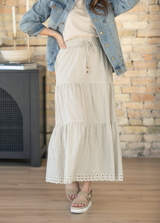Natural Embroidered Detail Midi Skirt
