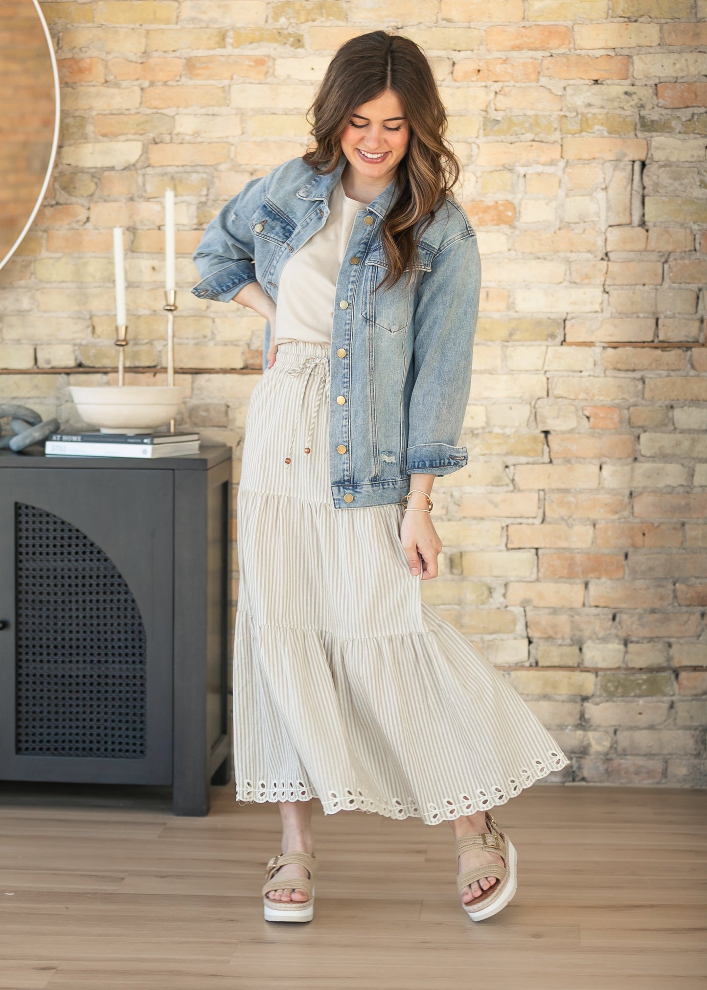 Natural Embroidered Detail Midi Skirt