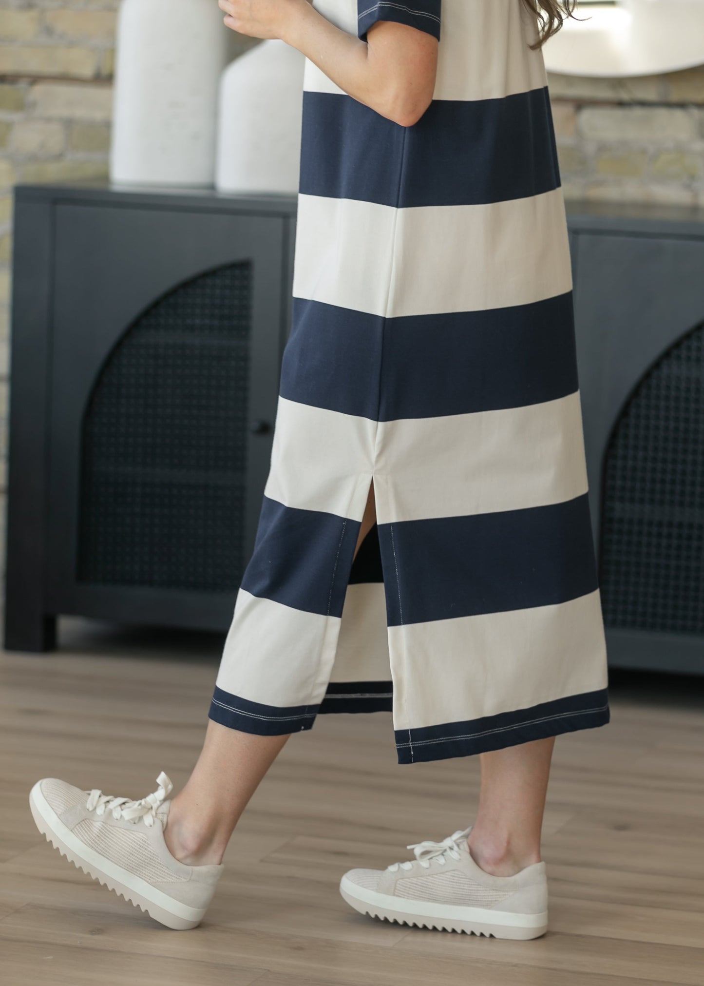 Navy Contrast Collar Striped Maxi Dress