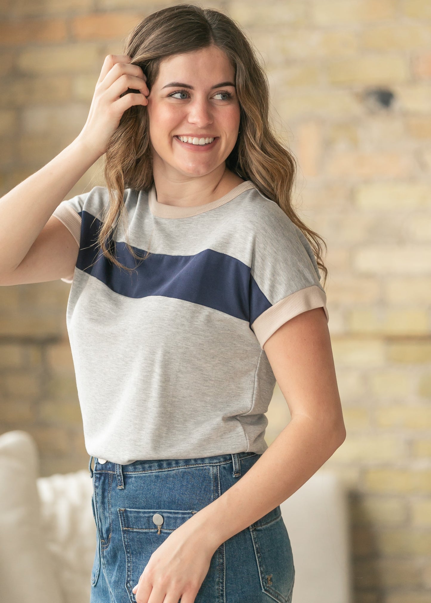 Navy Contrast Short Sleeve Top