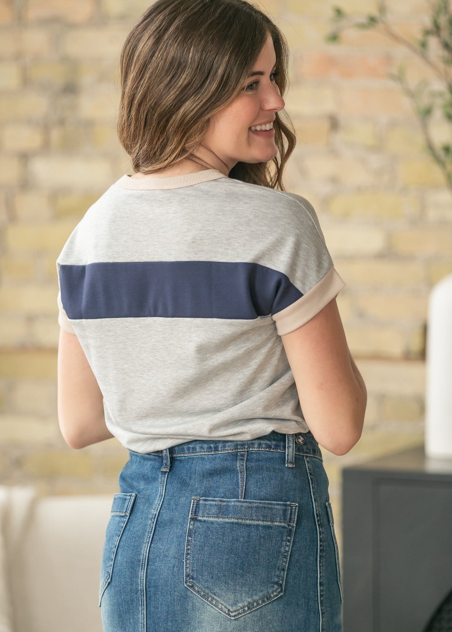 Navy Contrast Short Sleeve Top