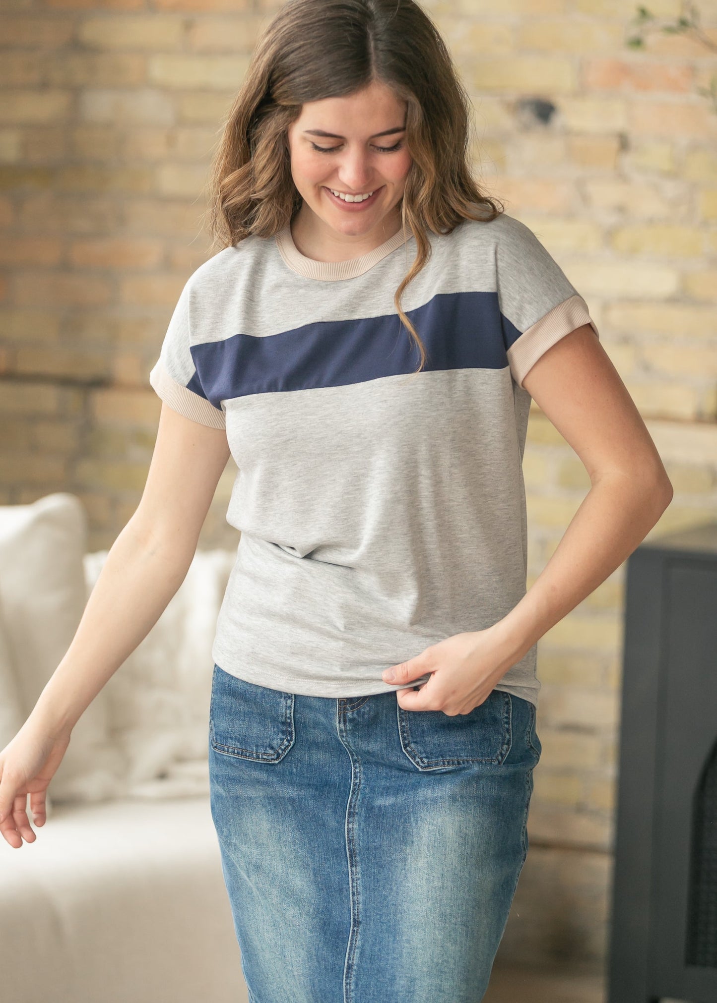 Navy Contrast Short Sleeve Top