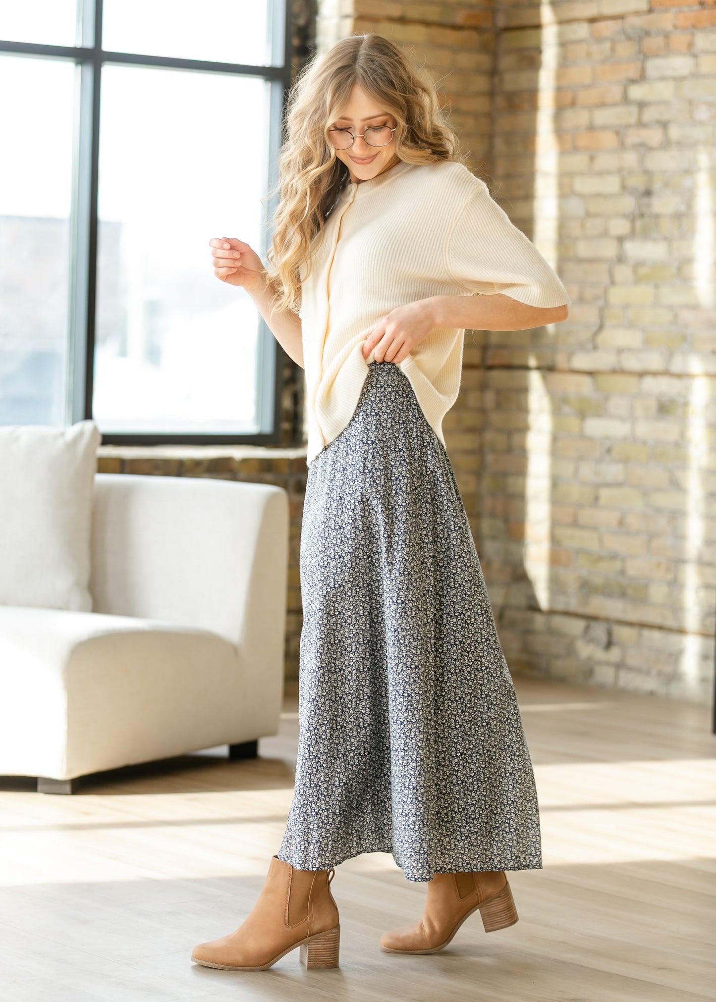 Navy Ditsy Floral Maxi Skirt