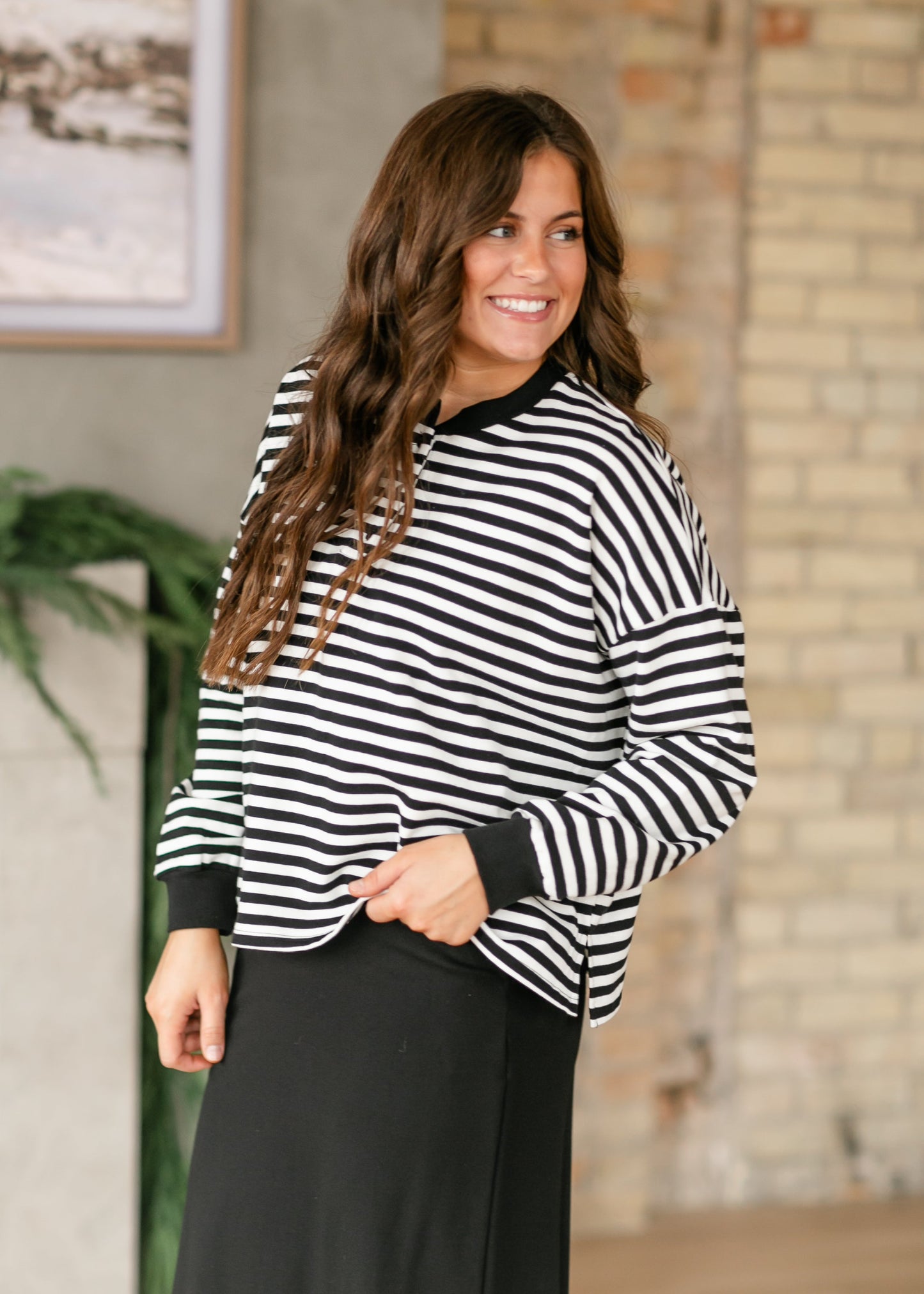 Landon Quarter Button Black Striped Top - FINAL SALE
