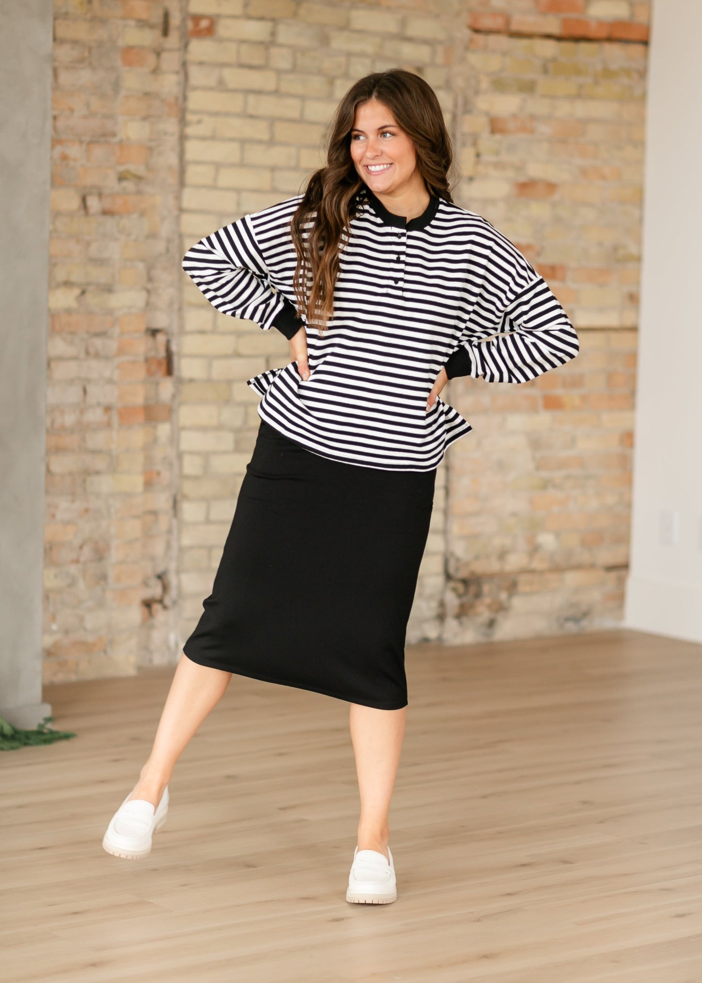 Landon Quarter Button Black Striped Top - FINAL SALE