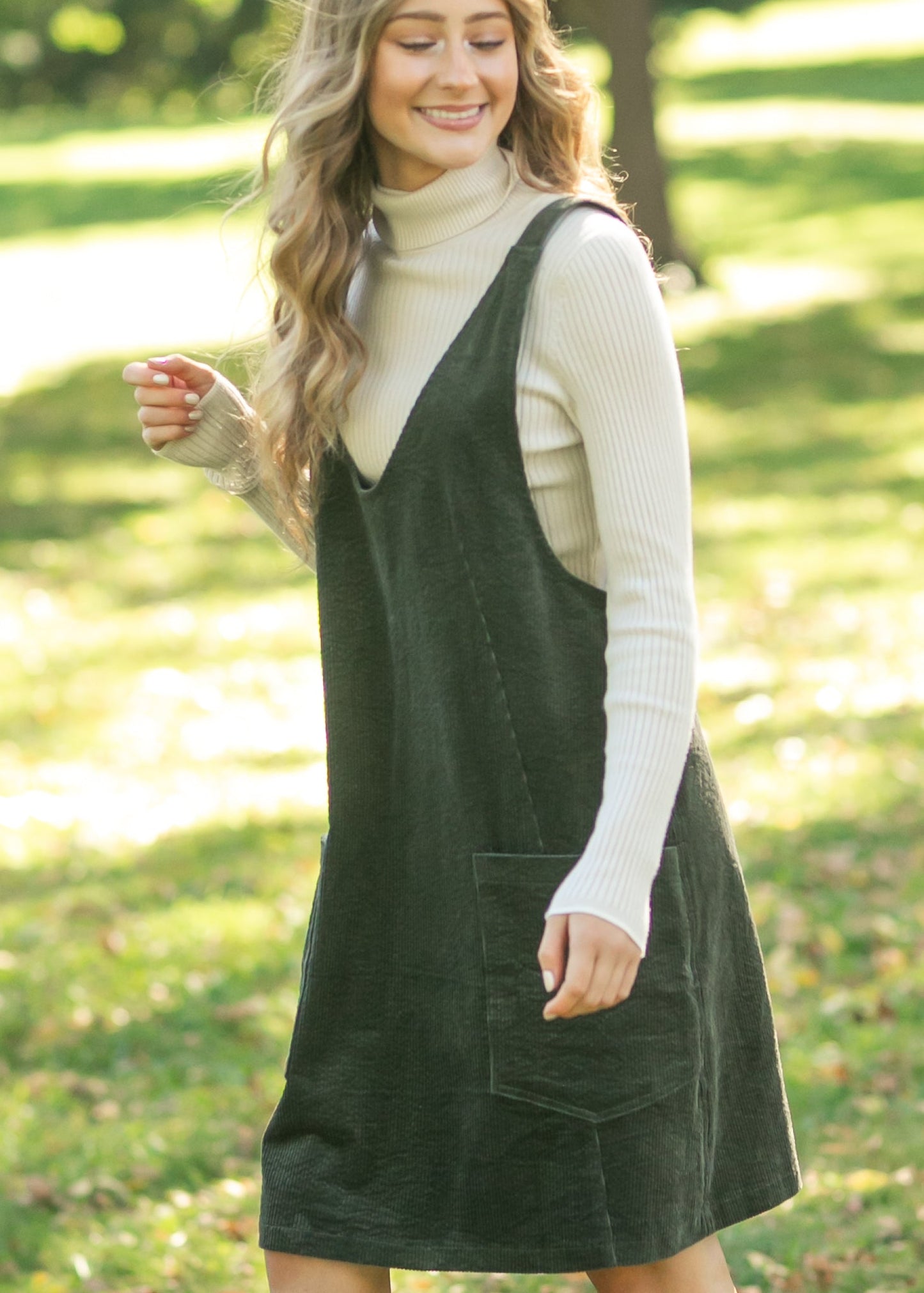 Olive Corduroy Overall Dress - FINAL SALE