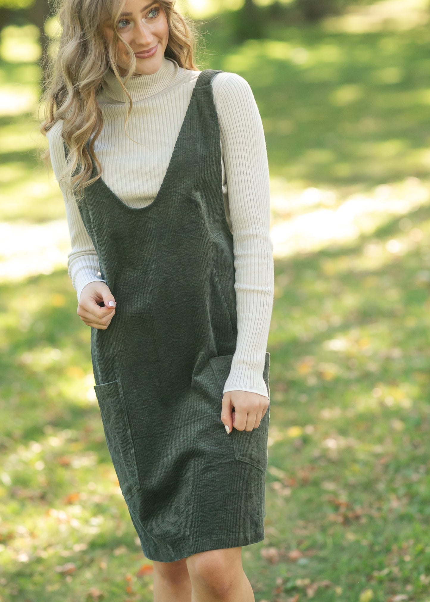 Olive Corduroy Overall Dress - FINAL SALE