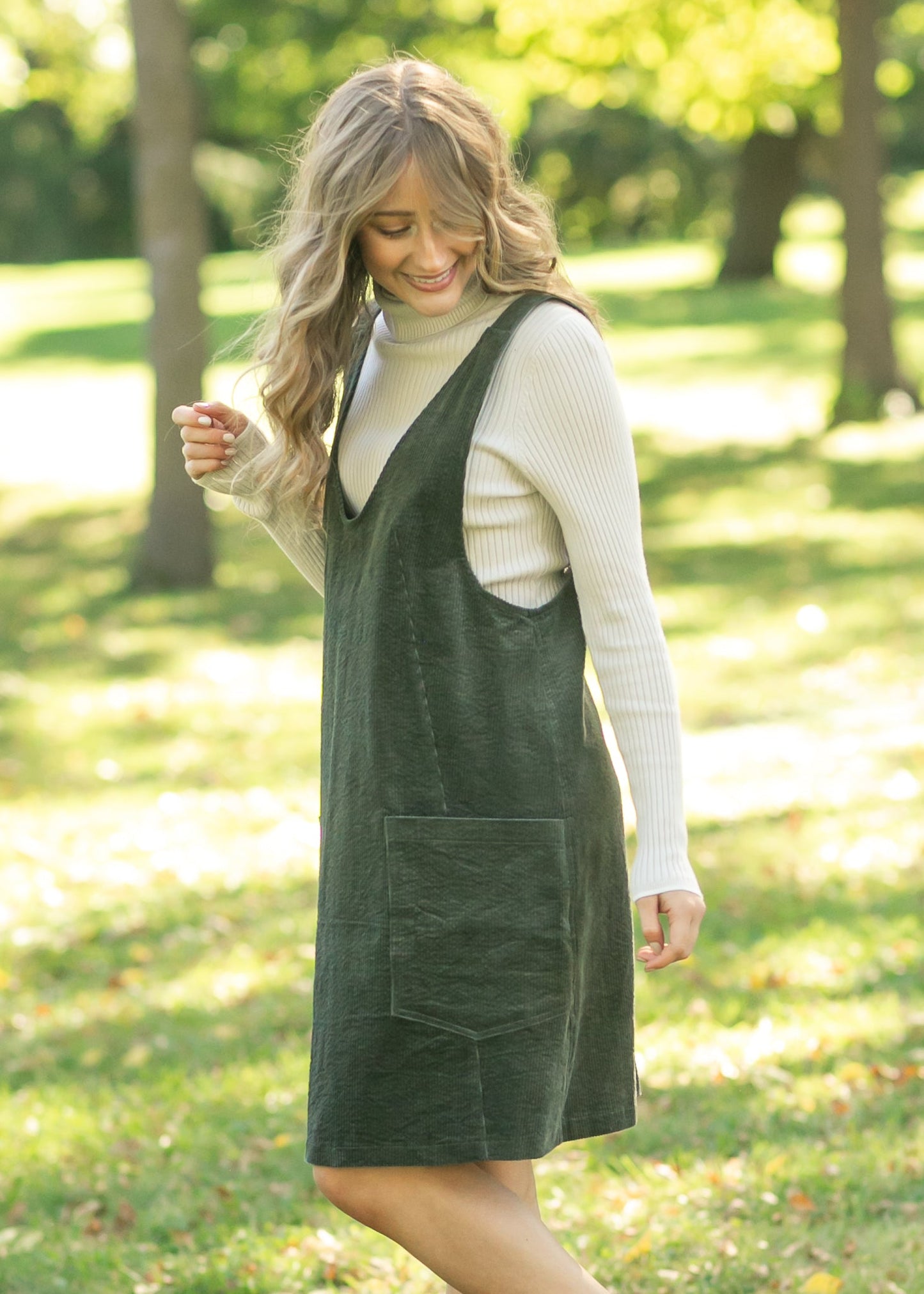 Olive Corduroy Overall Dress - FINAL SALE