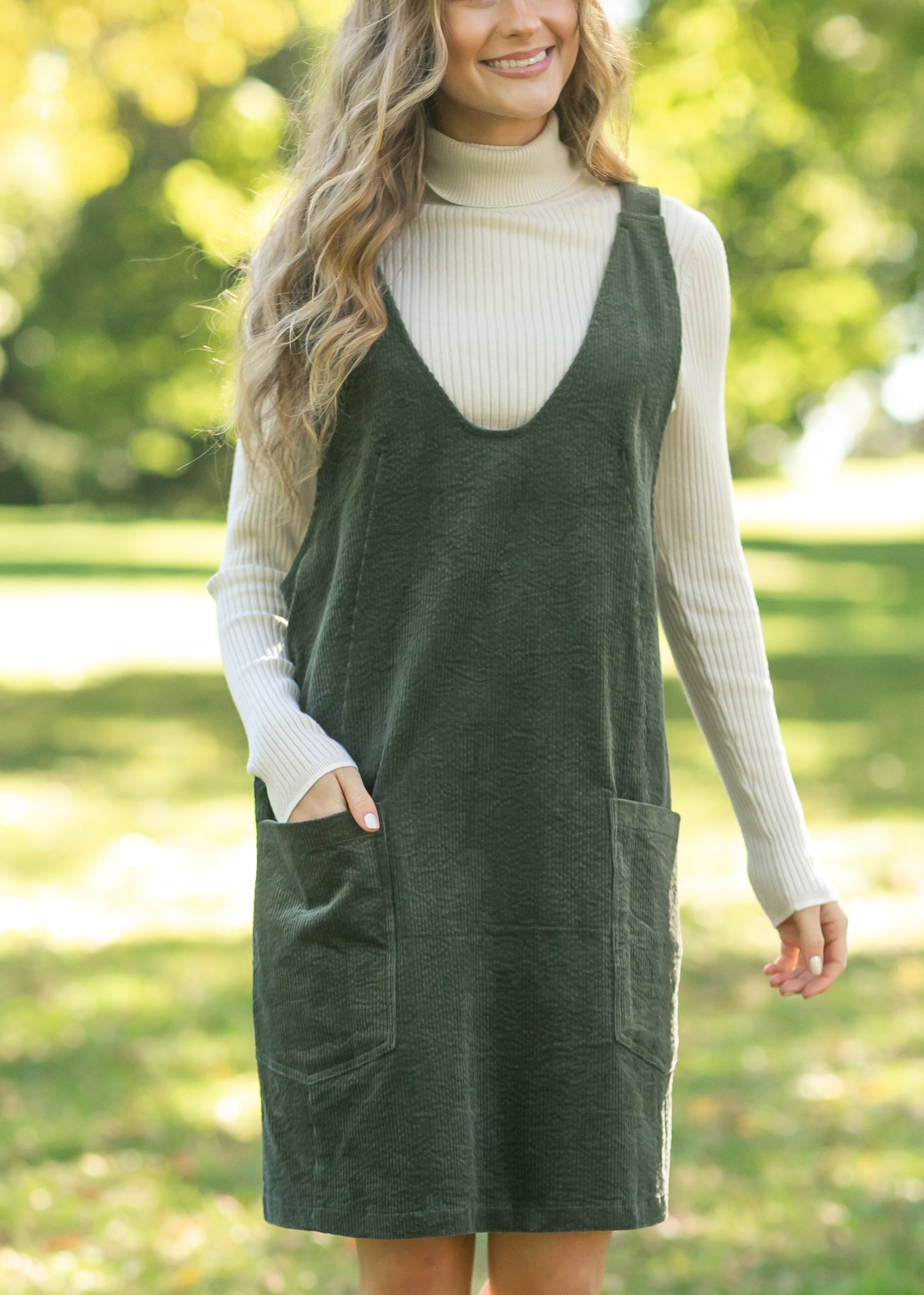 Olive Corduroy Overall Dress - FINAL SALE