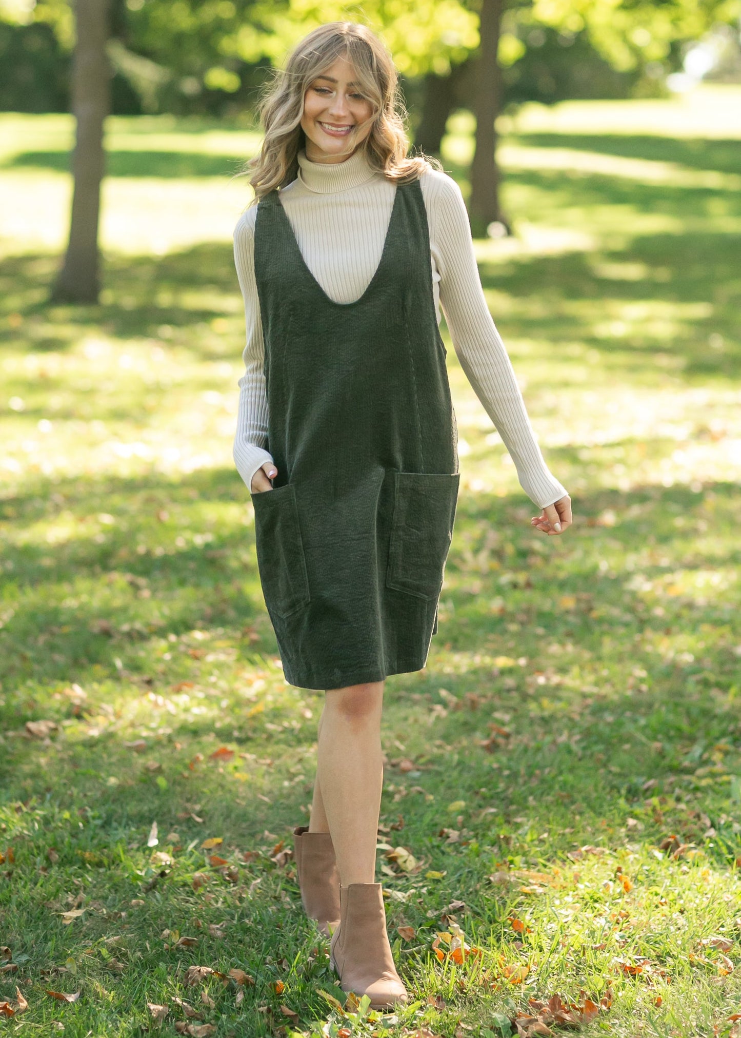 Olive Corduroy Overall Dress - FINAL SALE