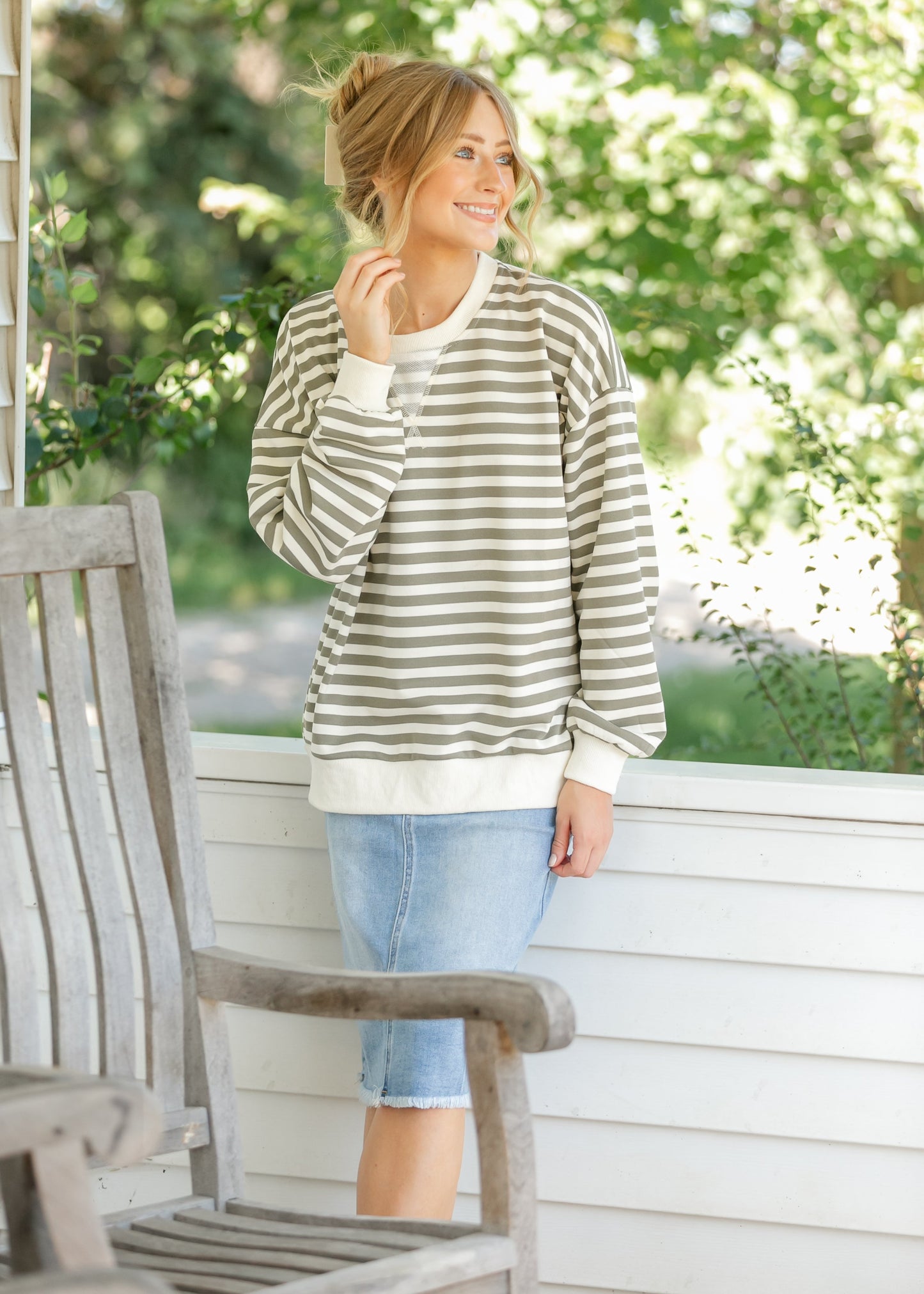 Olive Striped Crewneck Top