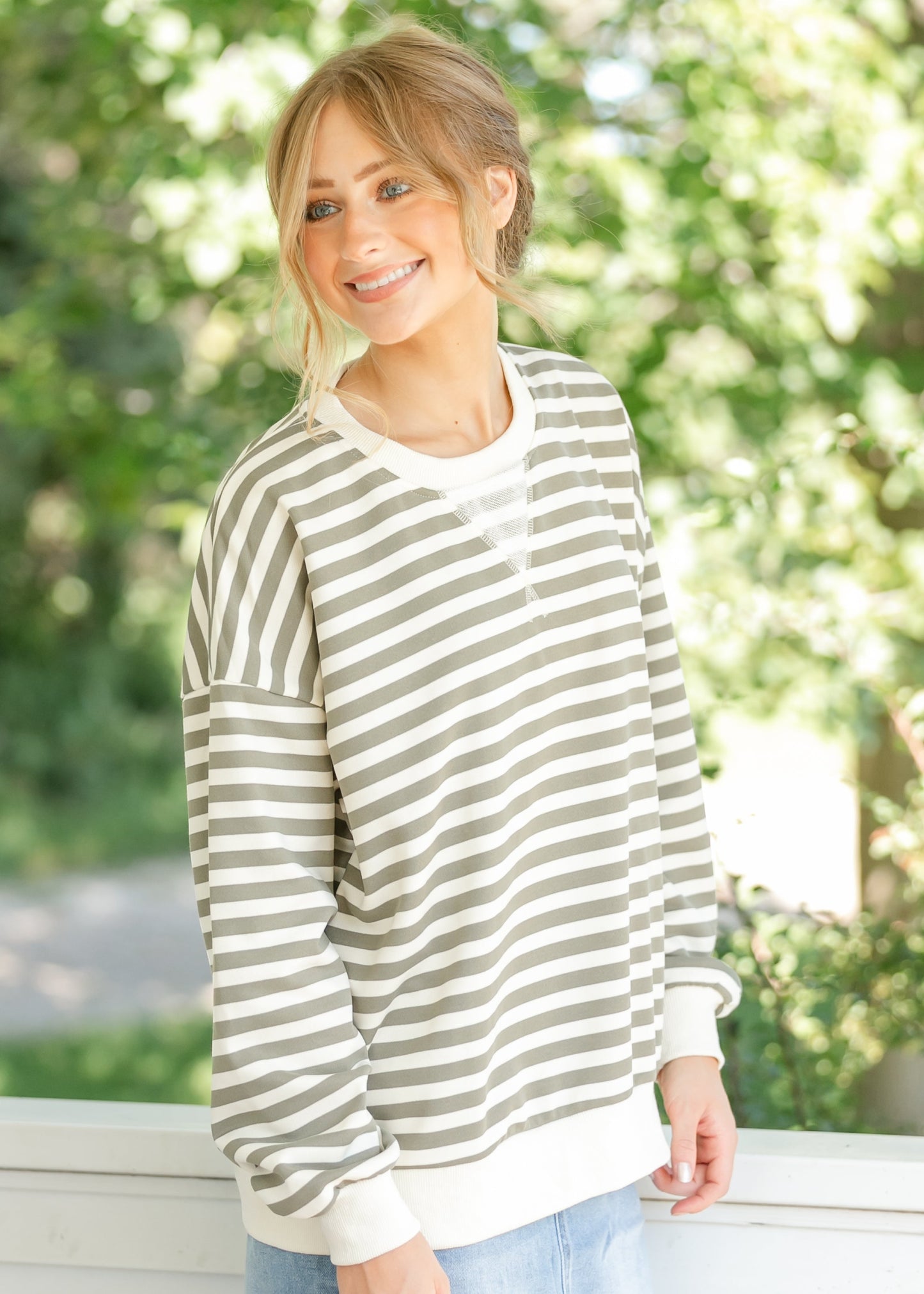 Olive Striped Crewneck Top