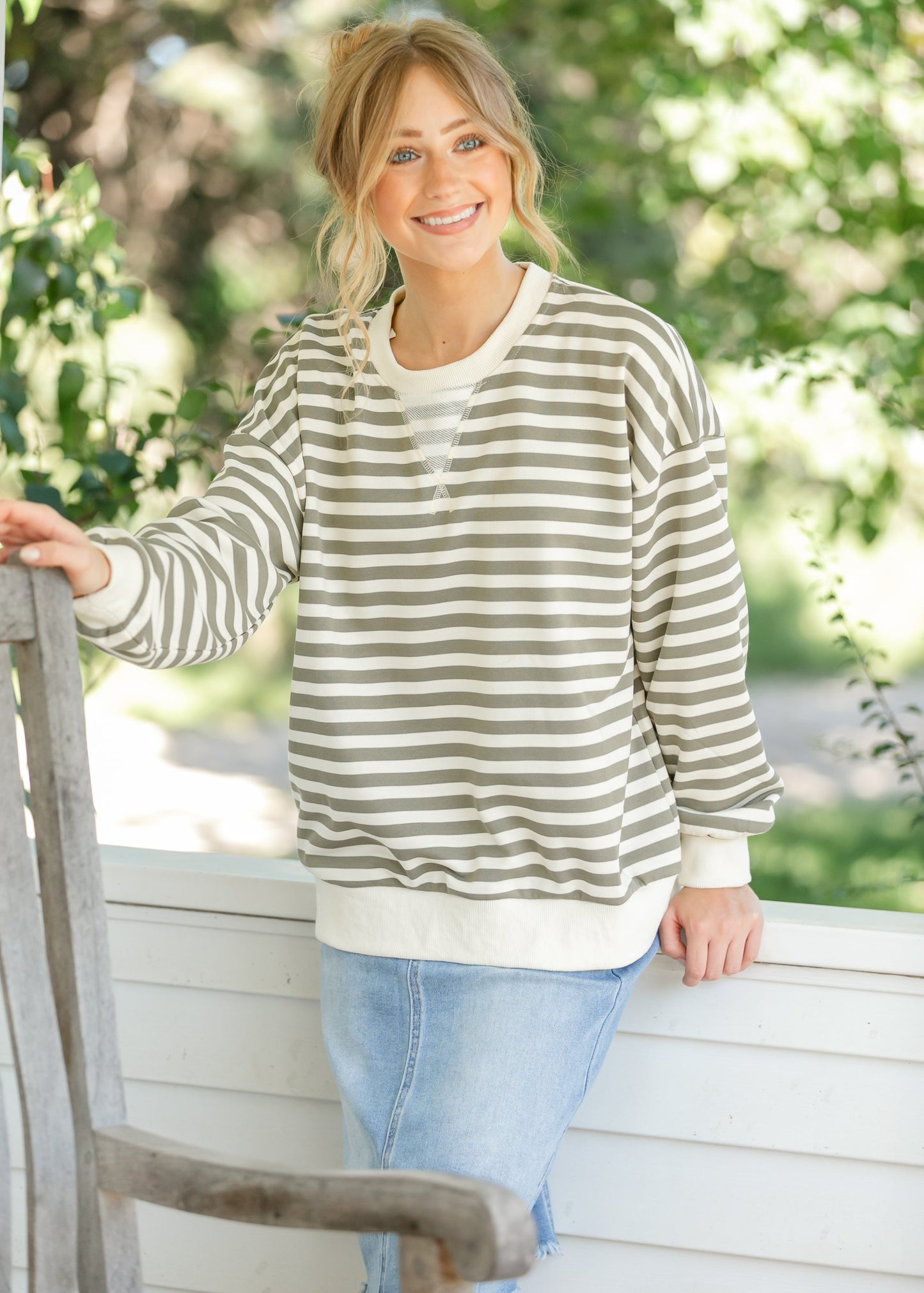Olive Striped Crewneck Top