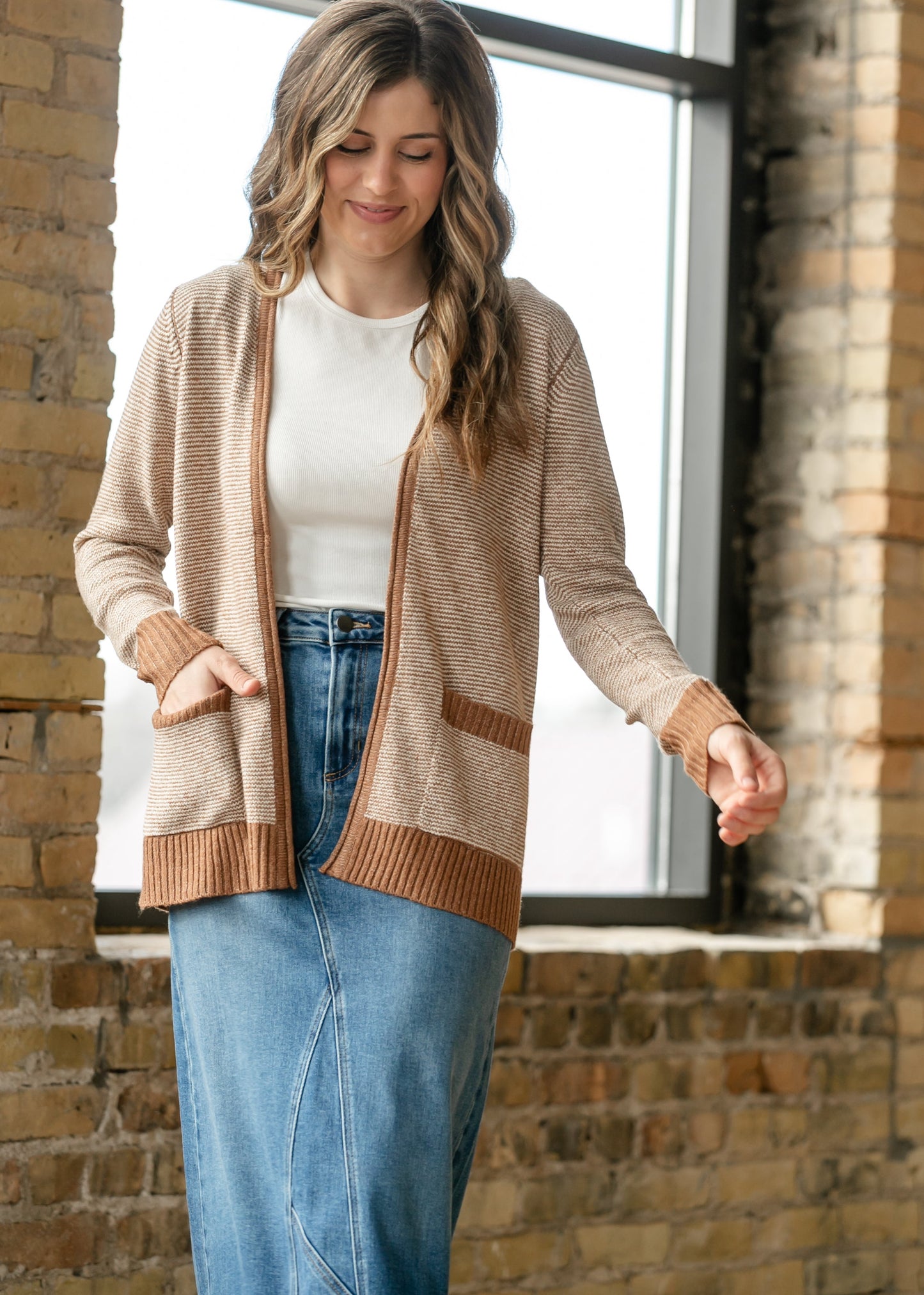 Open Front Striped Pocket Cardigan
