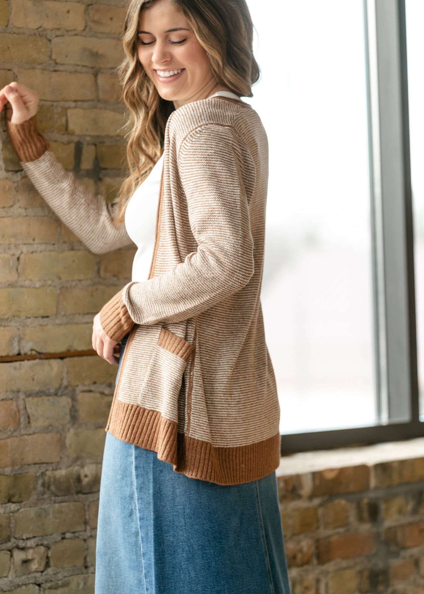 Open Front Striped Pocket Cardigan