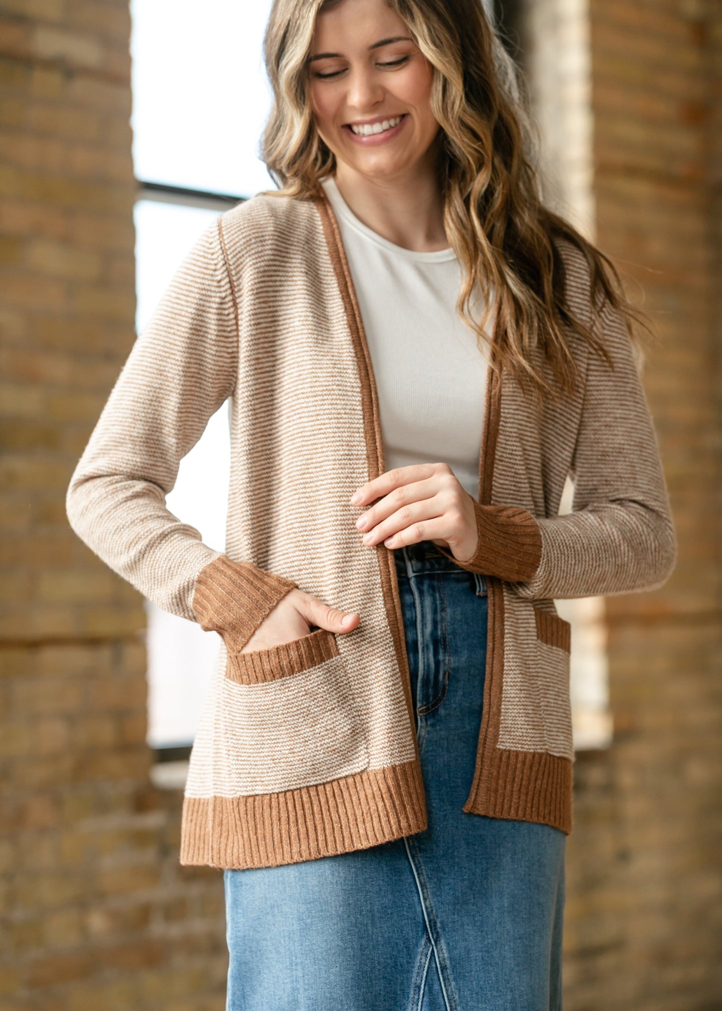 Open Front Striped Pocket Cardigan