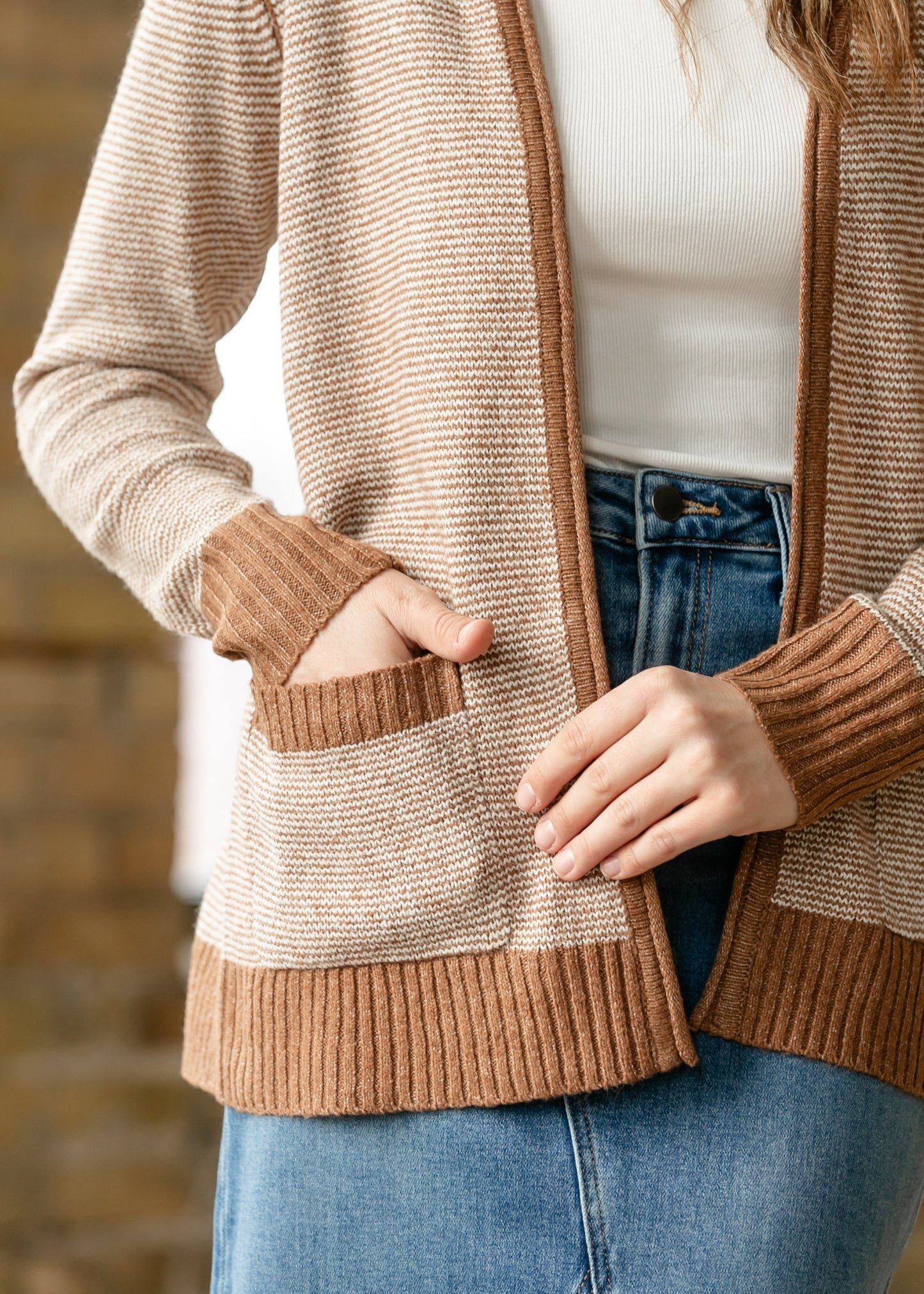 Open Front Striped Pocket Cardigan