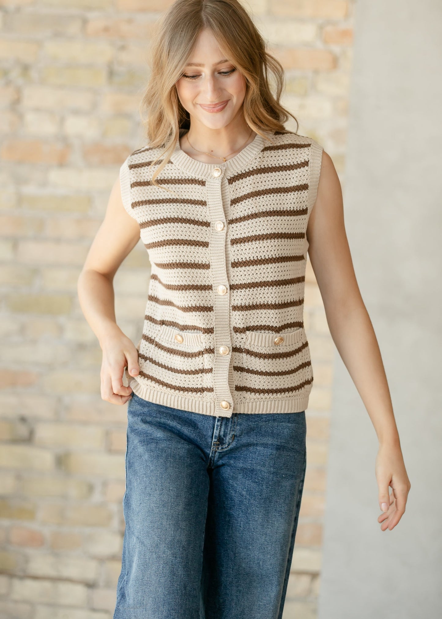 Open Knit Button Up Vest