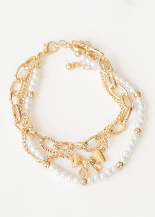 Pearl Bow Chain Bracelet Trio