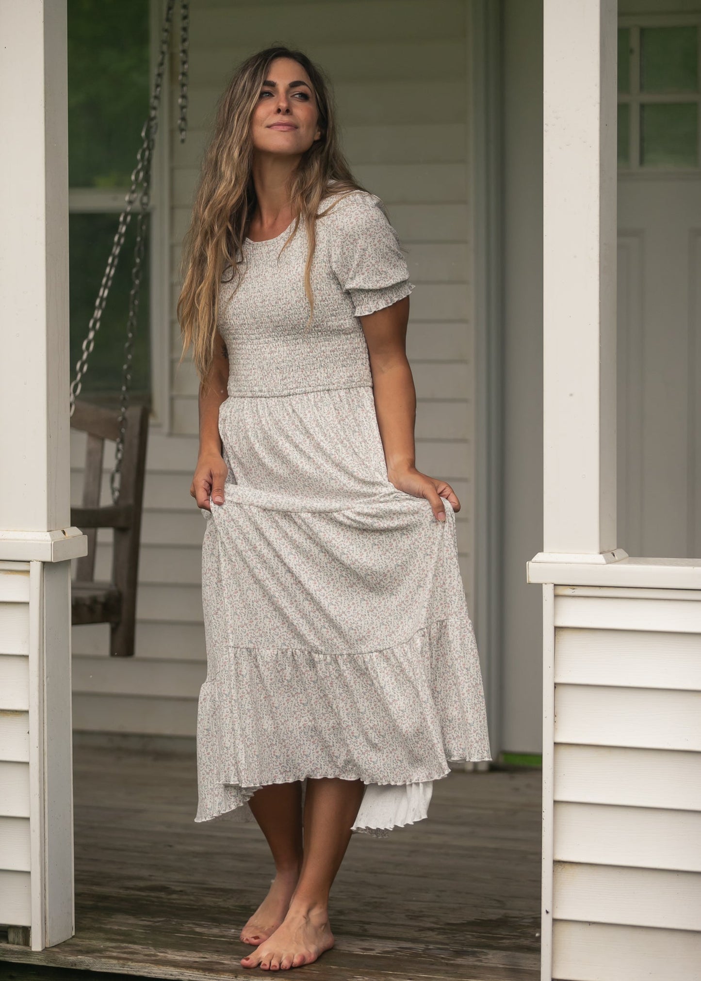 Penelope White Floral Smocked Midi Dress