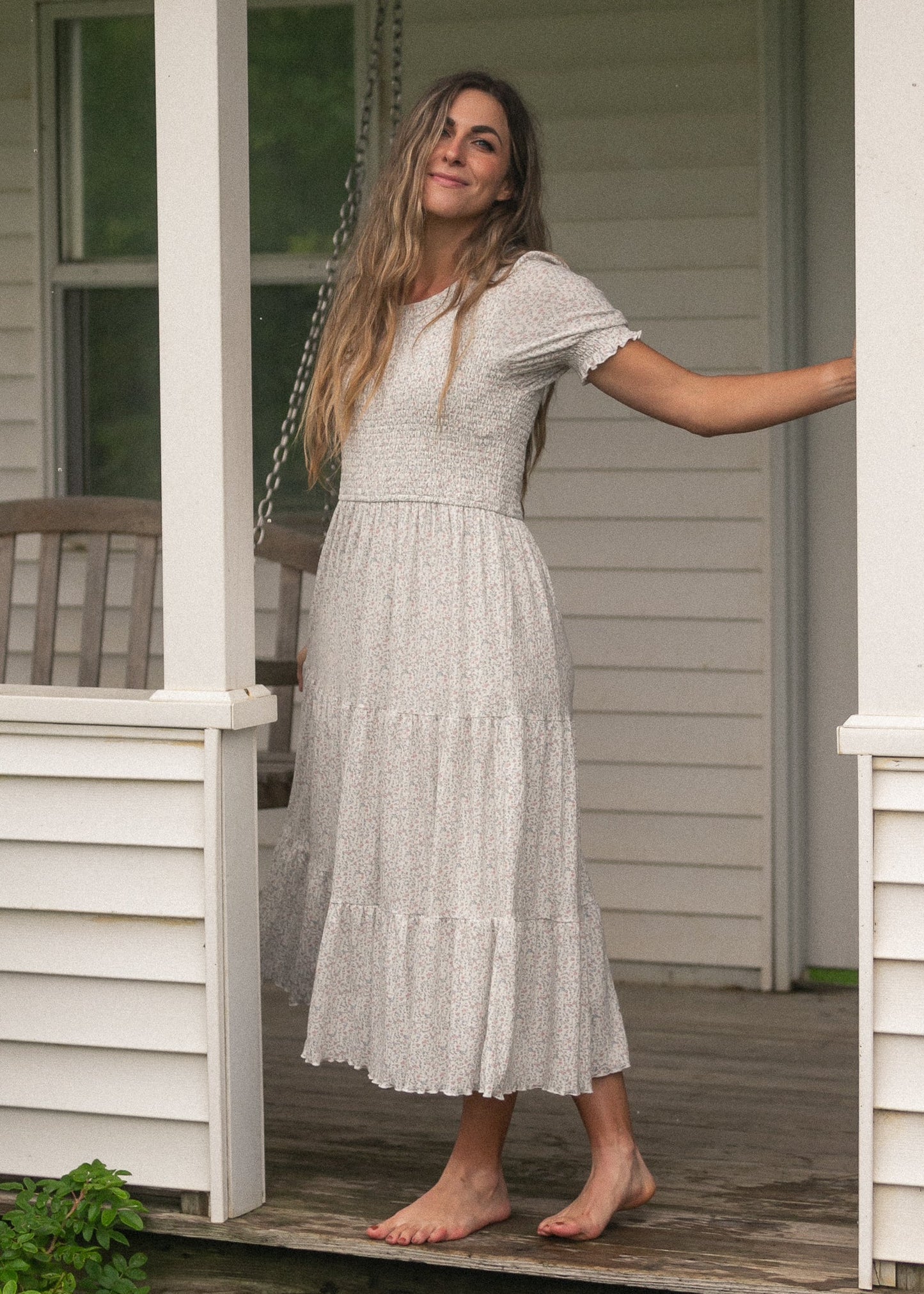 Penelope White Floral Smocked Midi Dress