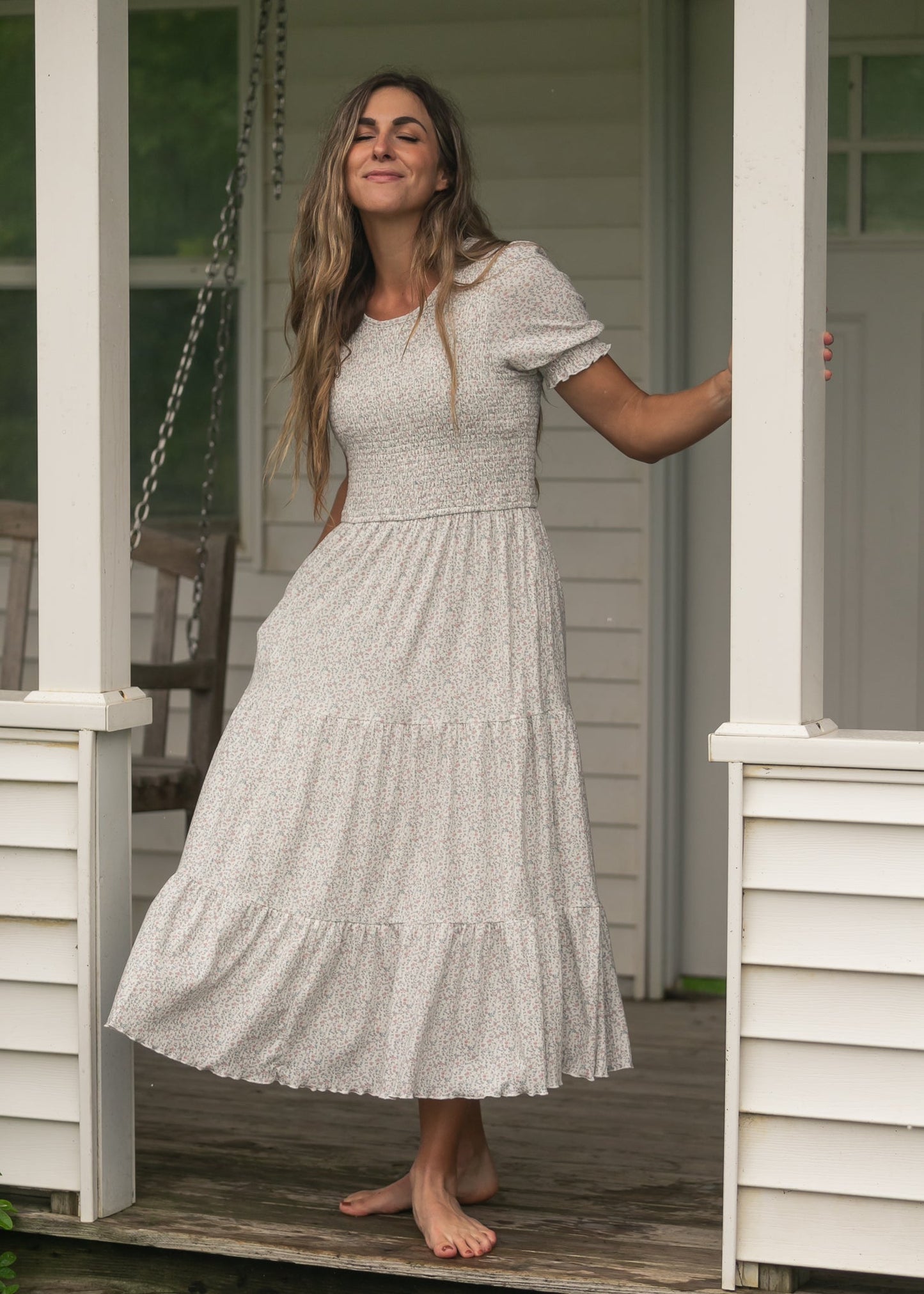 Penelope White Floral Smocked Midi Dress