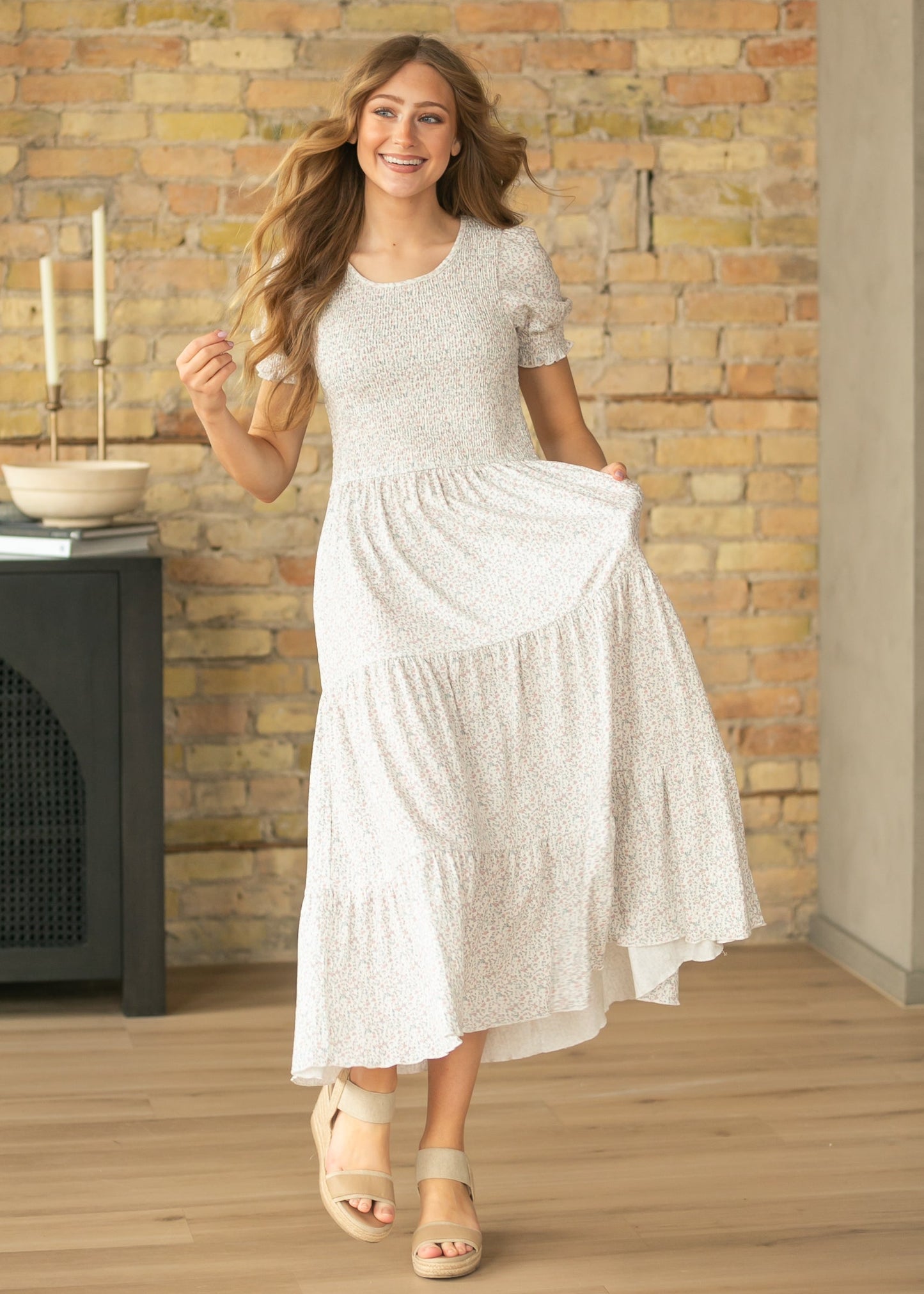 Penelope White Floral Smocked Midi Dress
