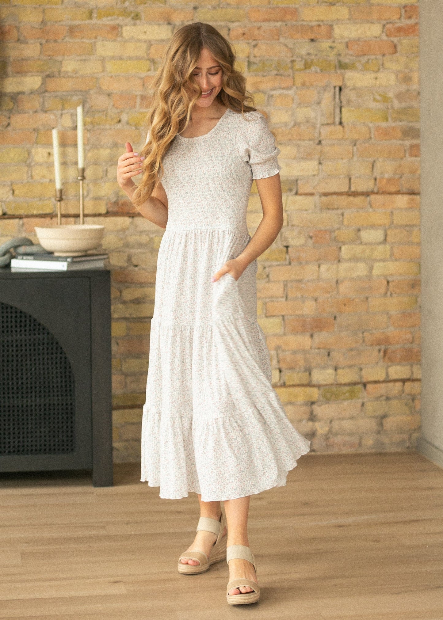 Penelope White Floral Smocked Midi Dress