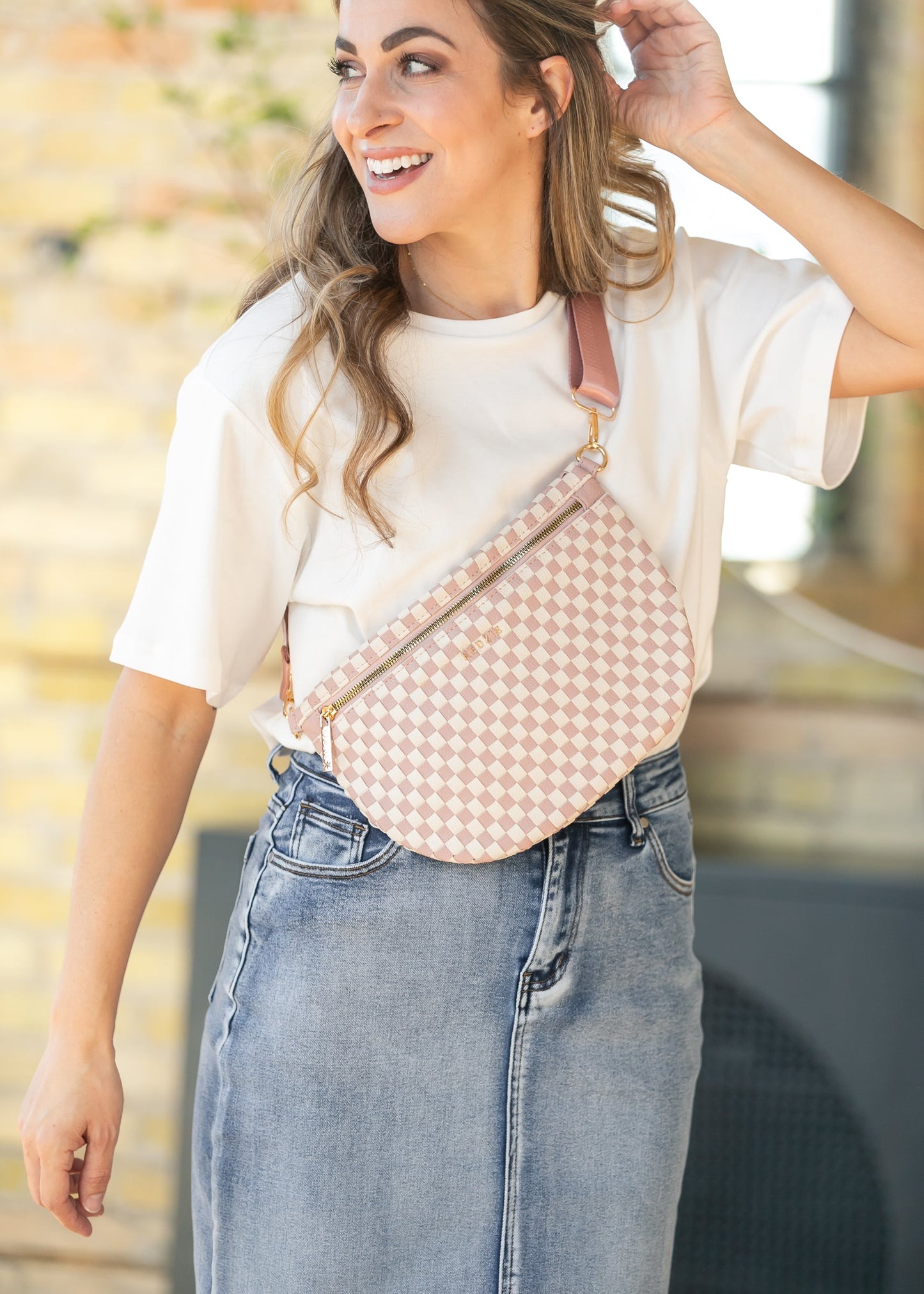 Pink Check Terrace Woven Crossbody Bag