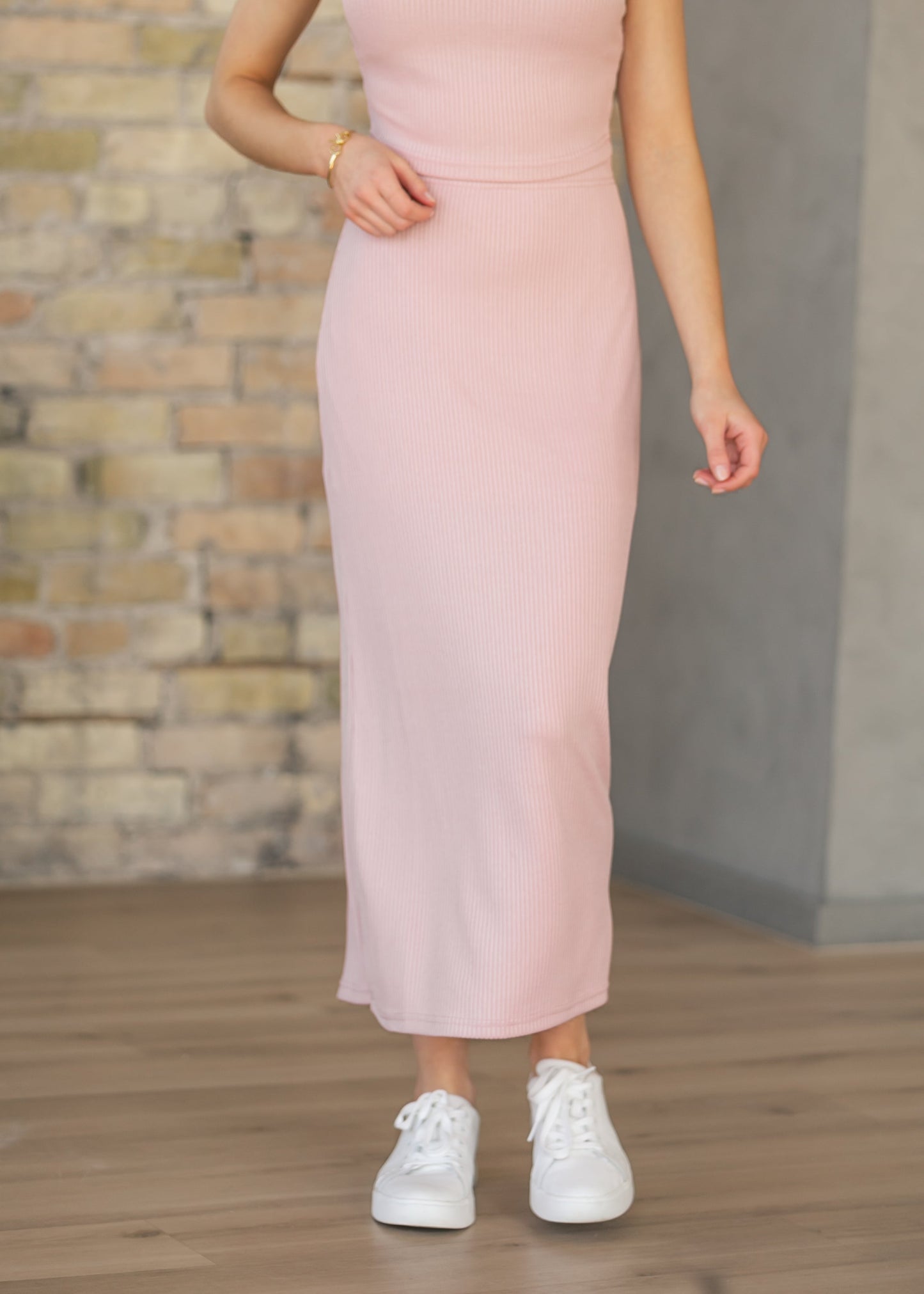 Pink Ribbed Knit Top & Skirt Set