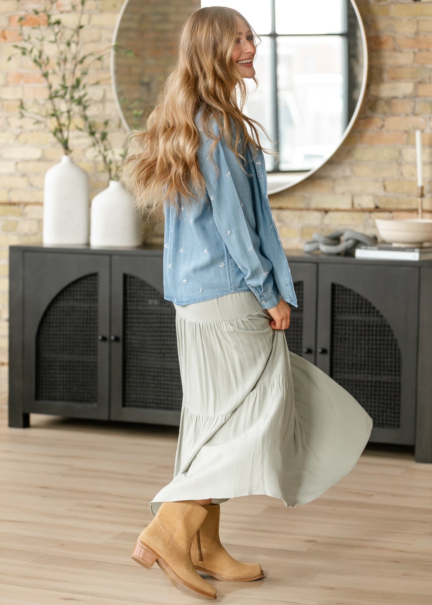 Pistachio Smocked Waist Tiered Maxi Skirt