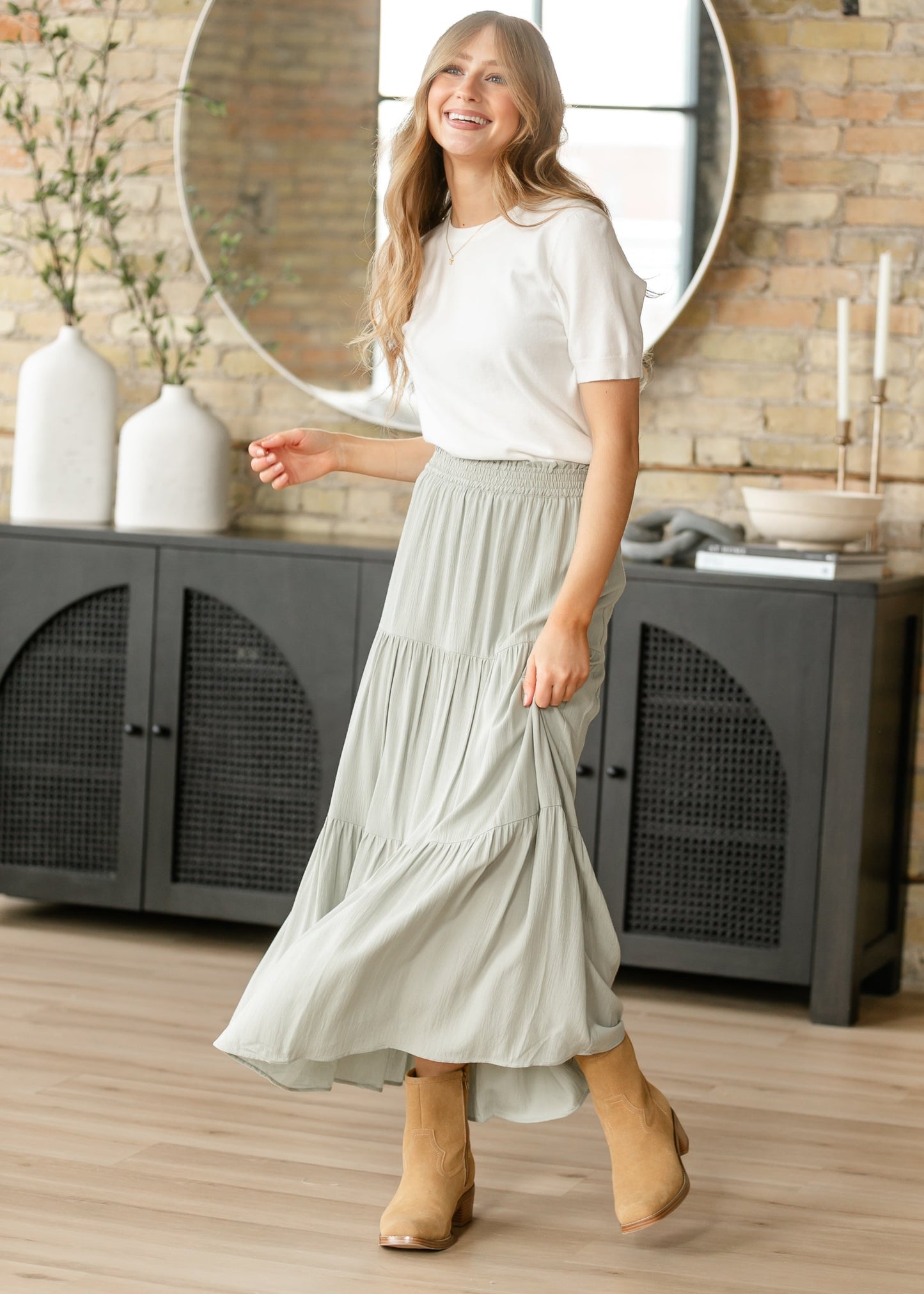 Pistachio Smocked Waist Tiered Maxi Skirt