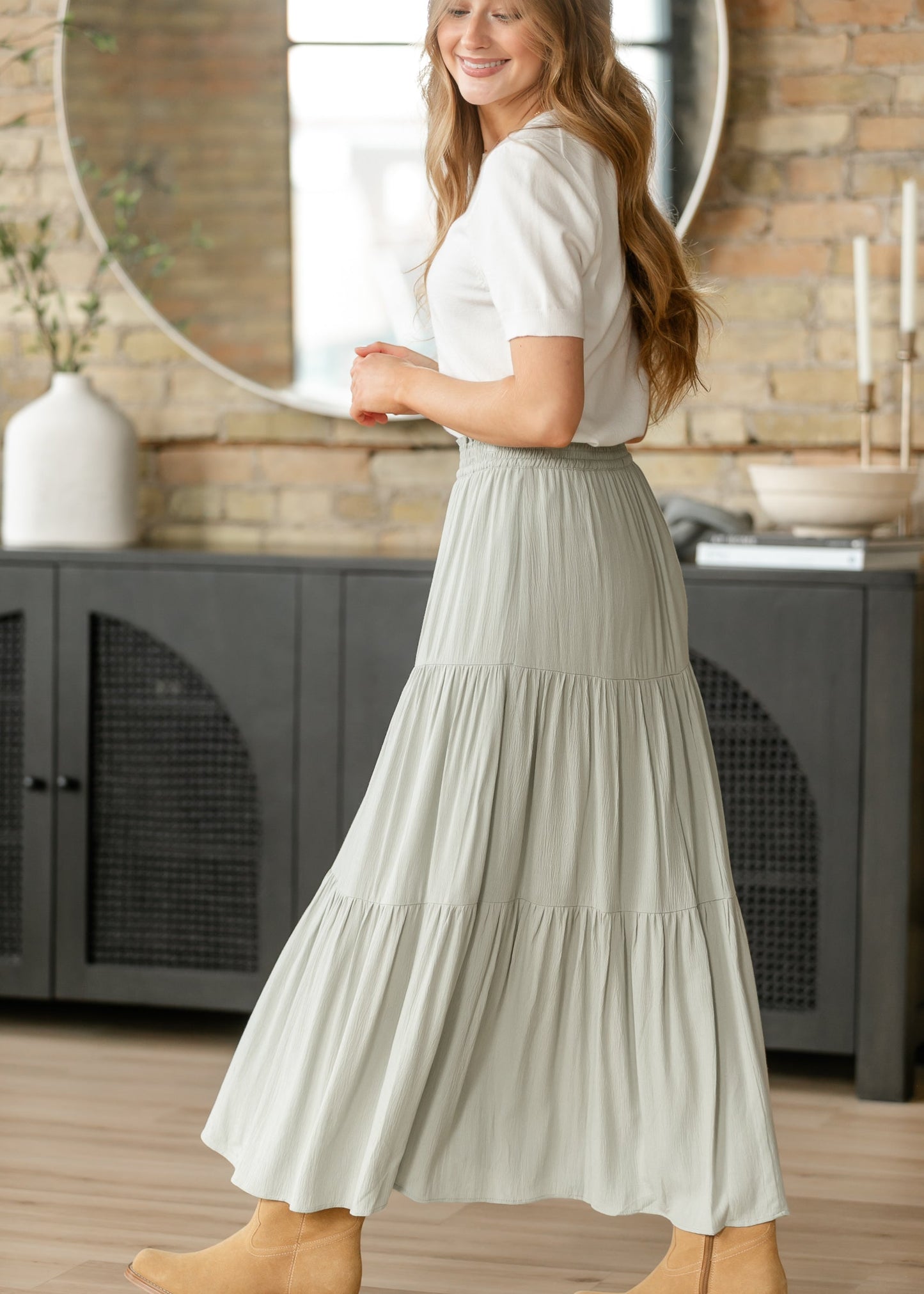 Pistachio Smocked Waist Tiered Maxi Skirt