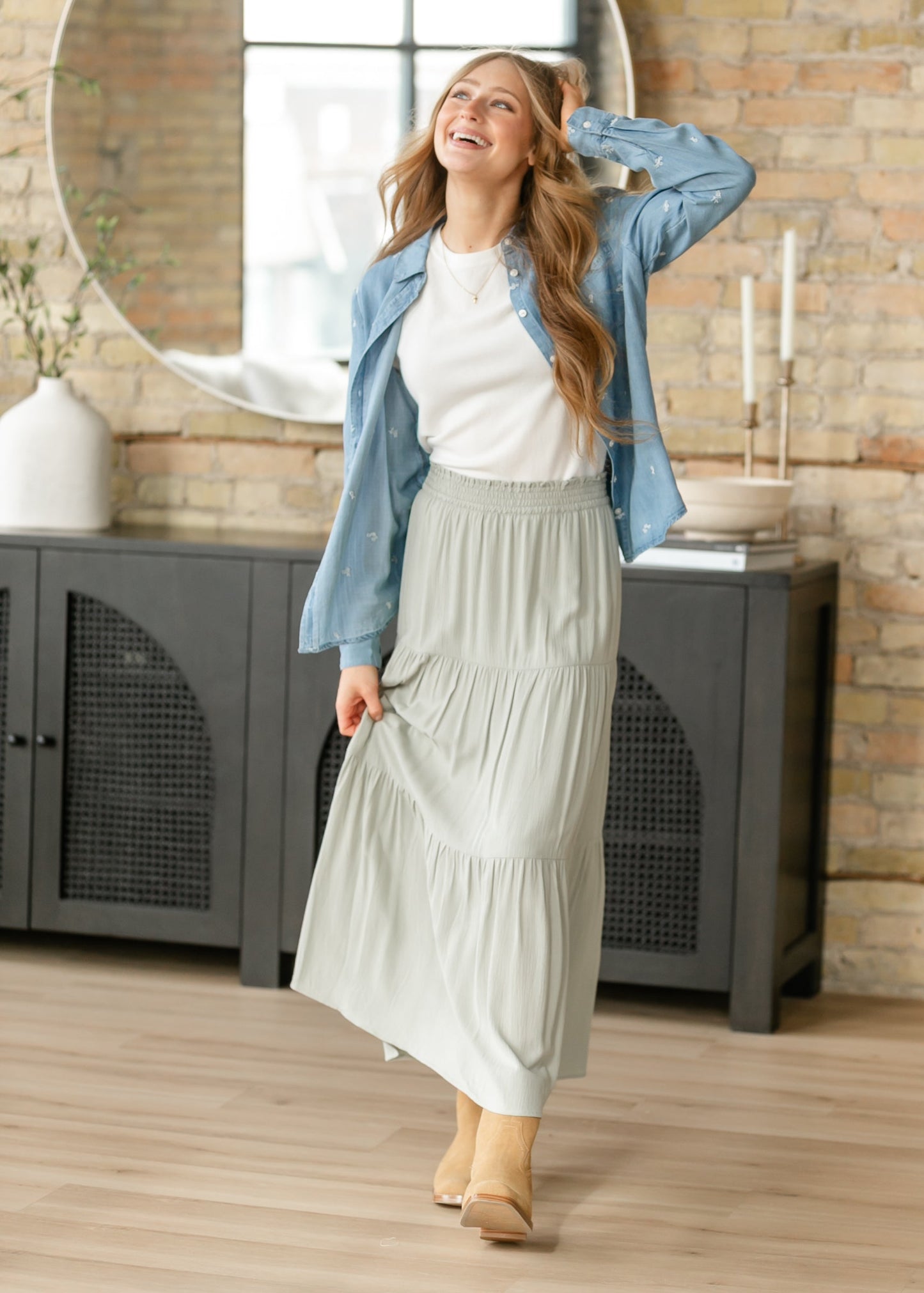 Pistachio Smocked Waist Tiered Maxi Skirt