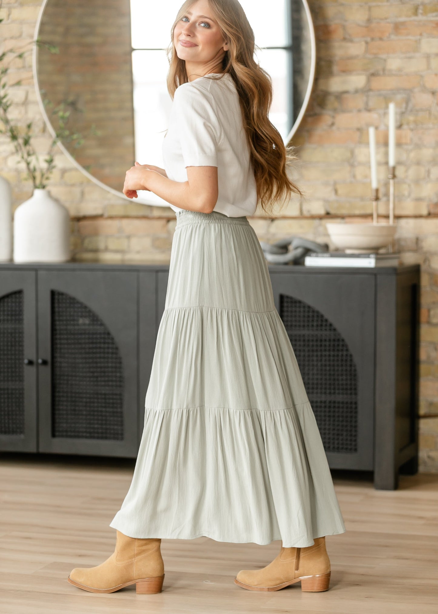 Pistachio Smocked Waist Tiered Maxi Skirt